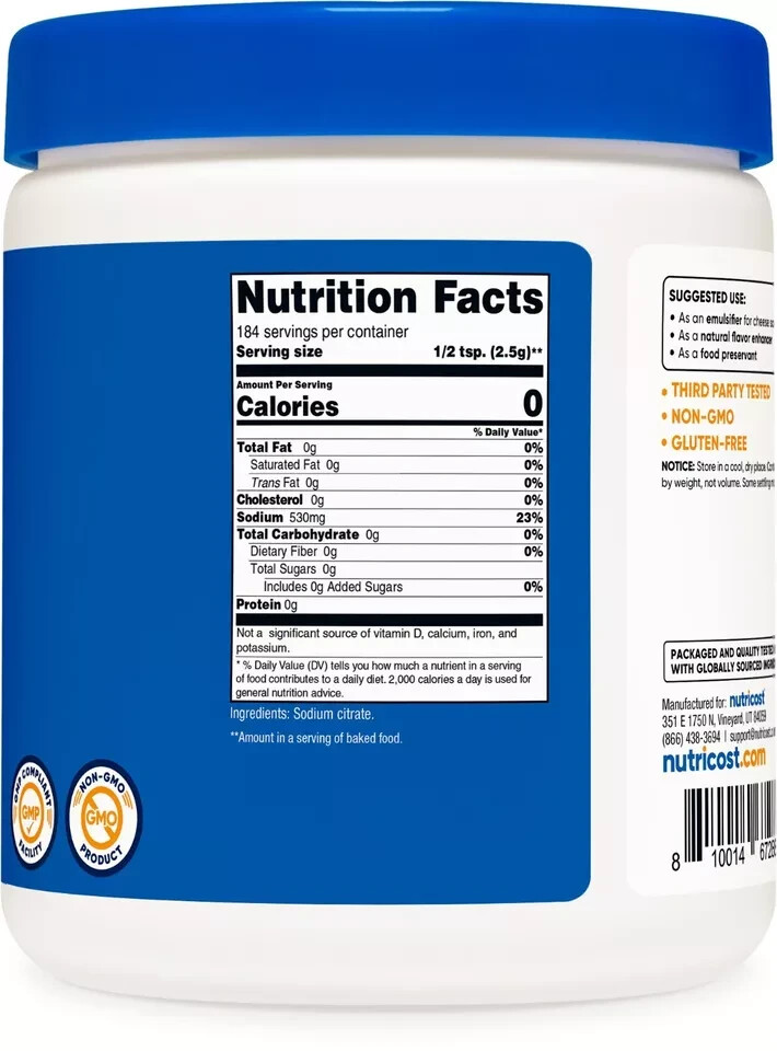 Nutricost Sodium Citrate Powder 1LB – Food Grade, Non-GMO – EXP 02/2027