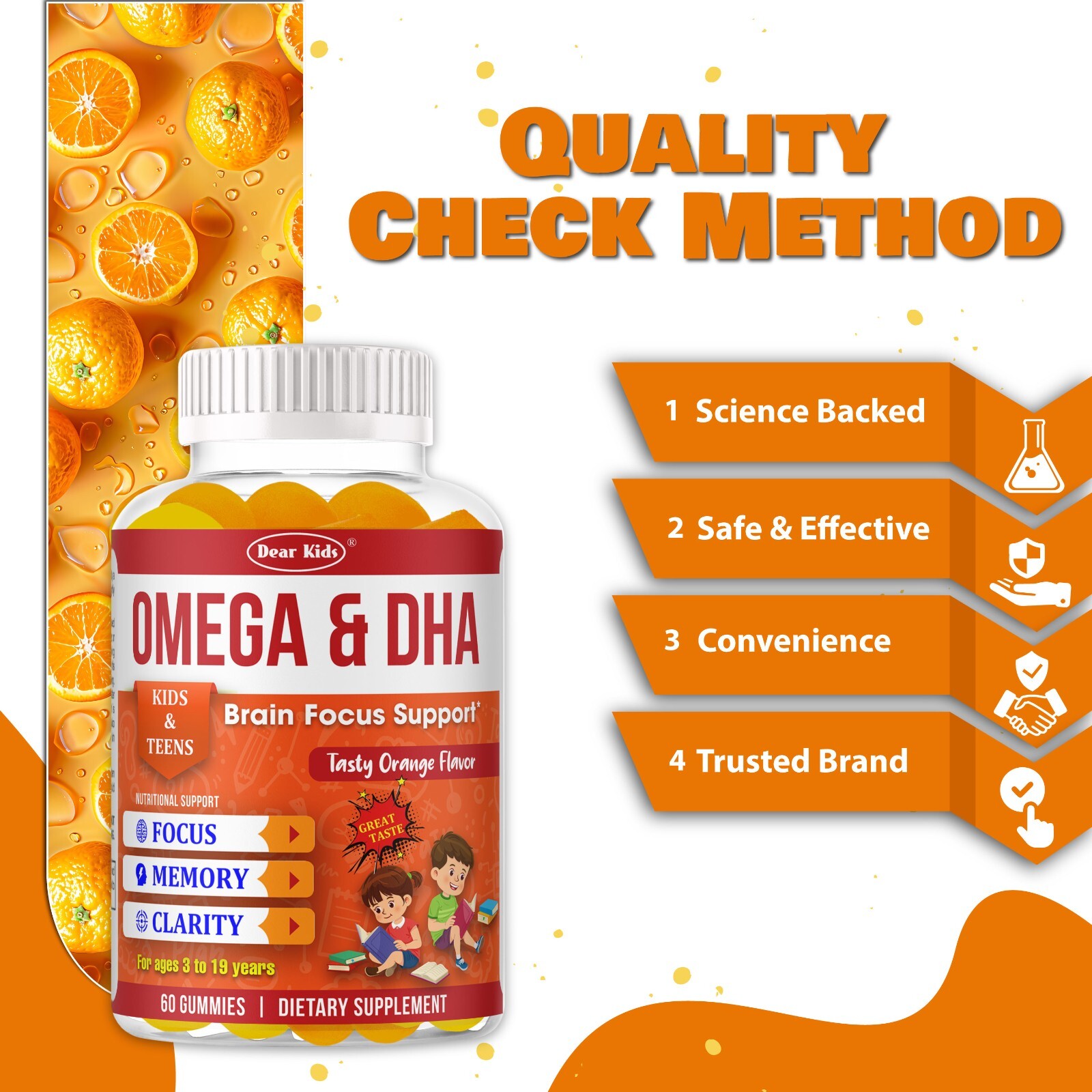Brain Booster Focus Gummies for Kids & Teens, Omega 3 DHA Memory Supplement 60