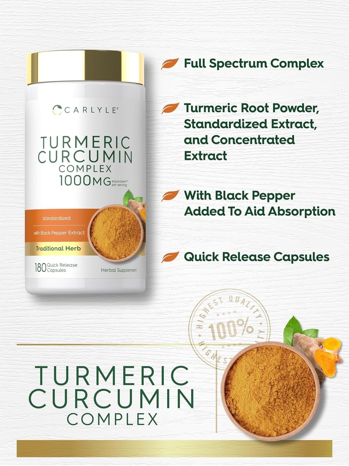 Carlyle Turmeric Curcumin with Black Pepper | 180 Capsules | Non-GMO