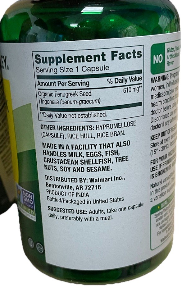 Spring Valley Fenugreek Dietary Supplement 610mg, 100 Capsules 2 Pack Bundle