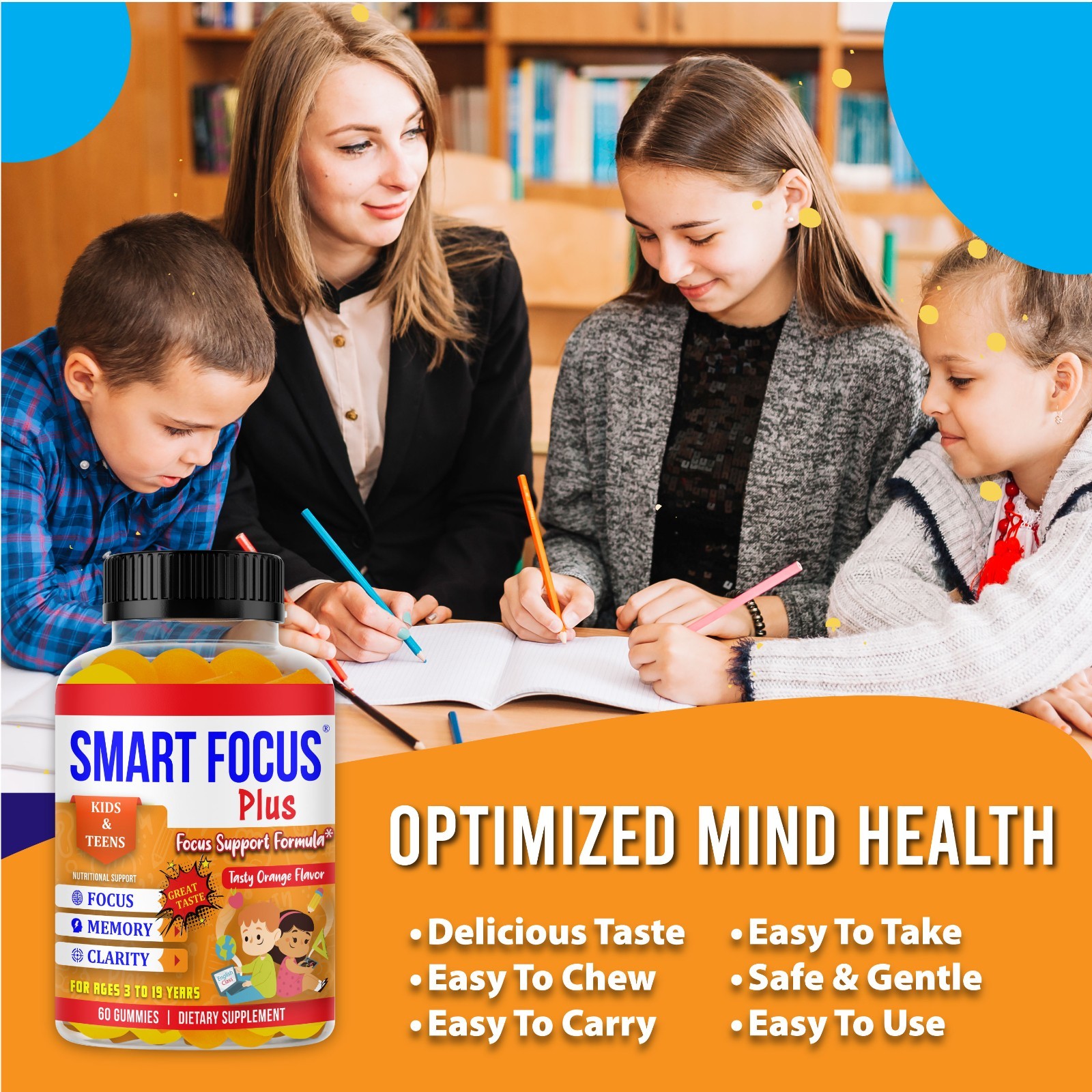 Smart Focus Gummy for Kids & Teens with DHA Omega 3 Brain & Memory Vitamins-60ct