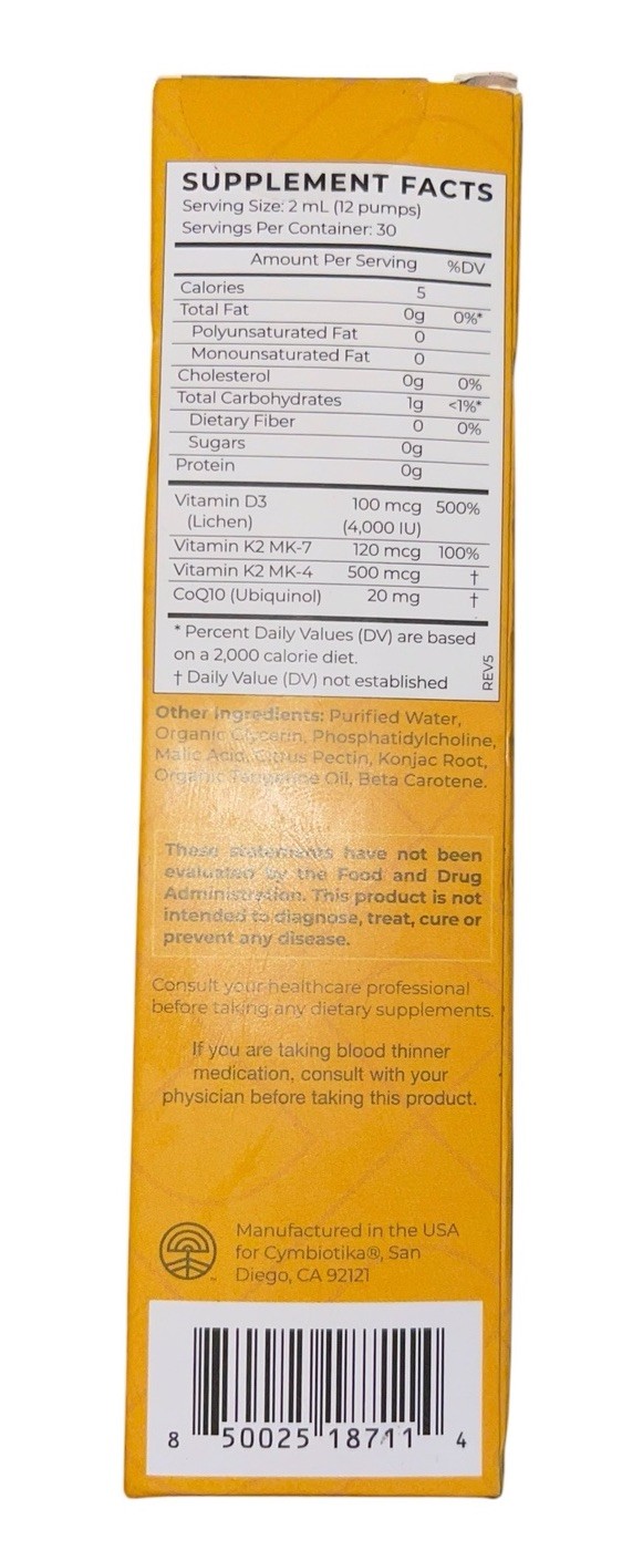 New Sealed CYMBIOTIKA D3+K2+CoQ10 Liquid Tangerine Flavor – 60 ml/2.0 fl oz