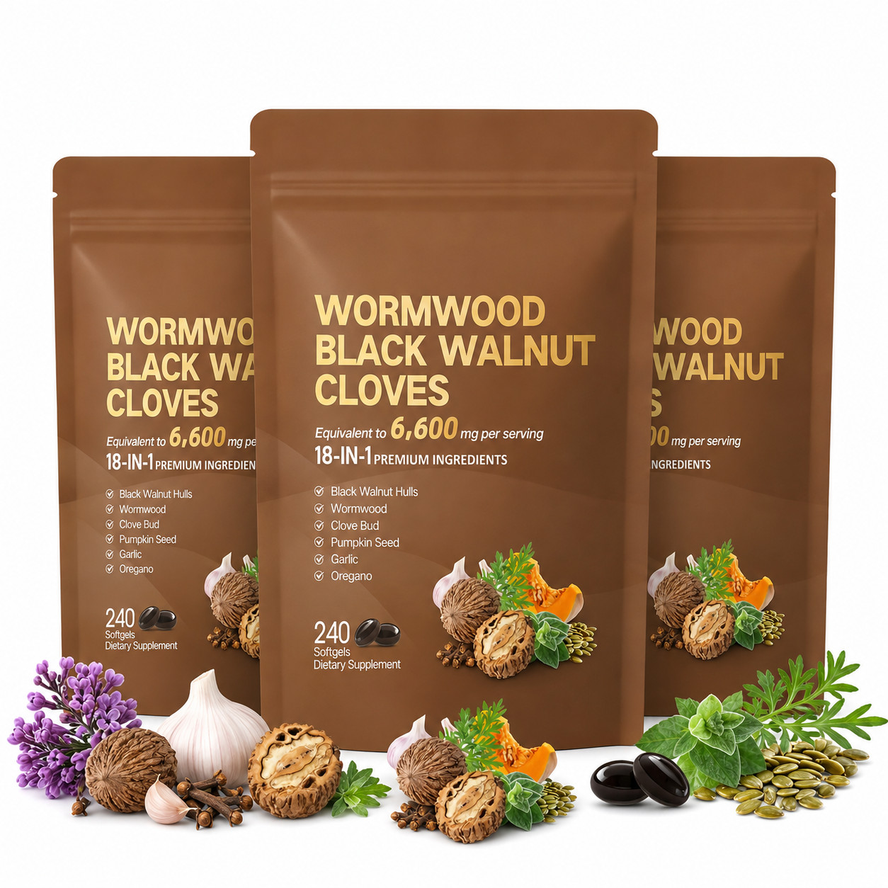 3 Pack Black Walnut Herbal Supplement Pumpkin Seed Garlic Blend 240 Softgels