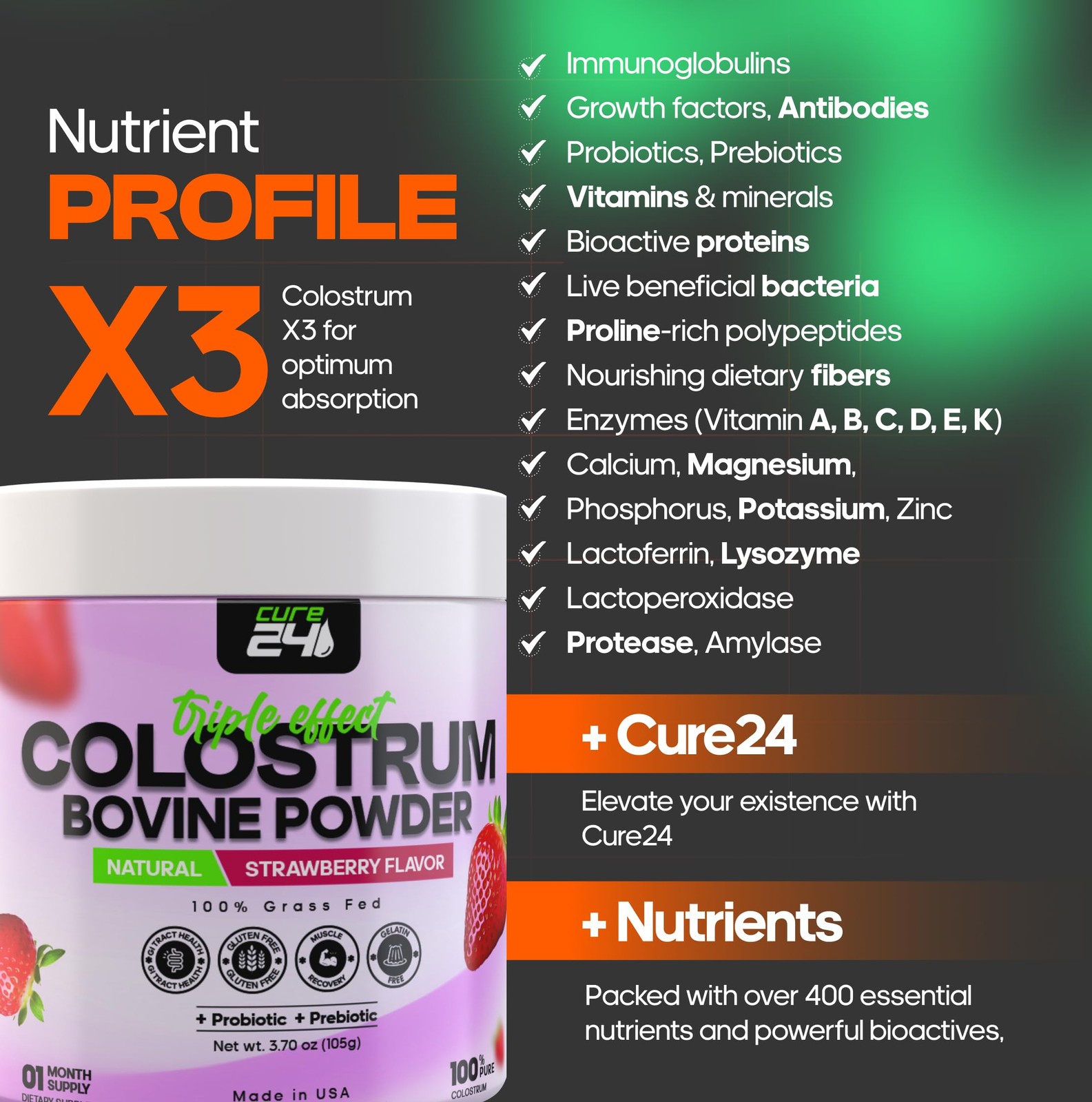 Cure24 Bovine Colostrum X3 Supplement Powder for 3.17 Ounce (Pack of 1)