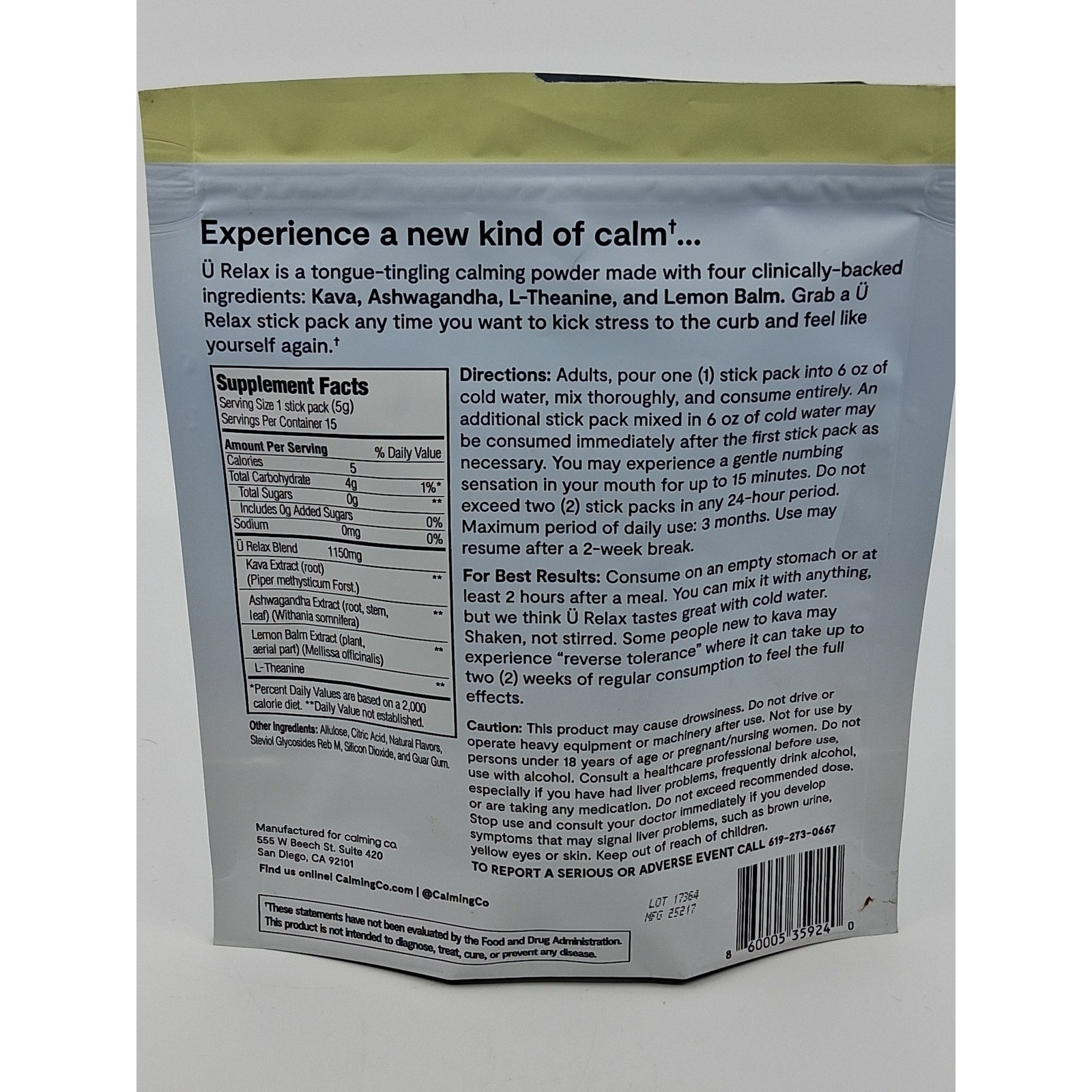 Calming Co U Relax – Pineapple 15 sticks MFG: 9/2025 open bag, SEALED packets