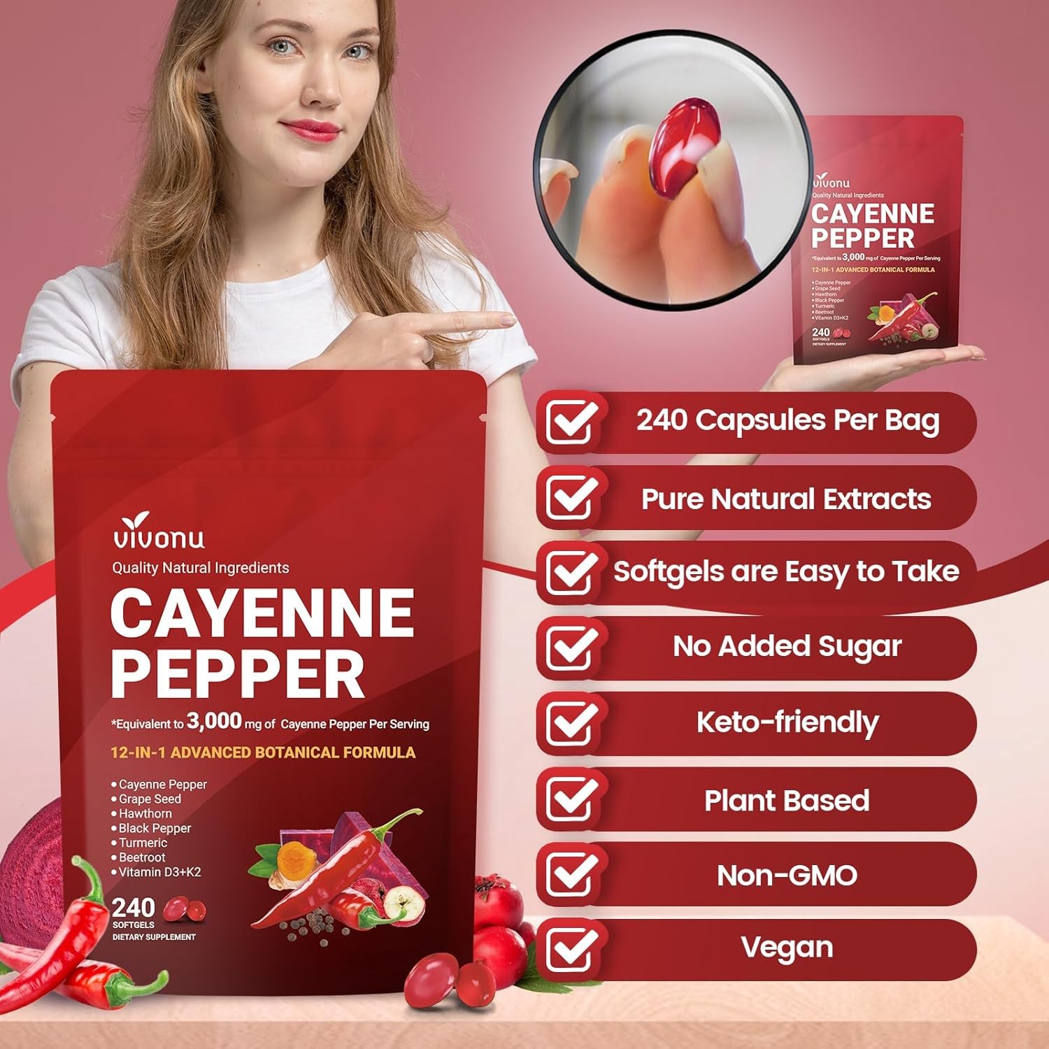 VivoNu Cayenne Pepper Softgels Supplement, Heart and Blood Vessel Health