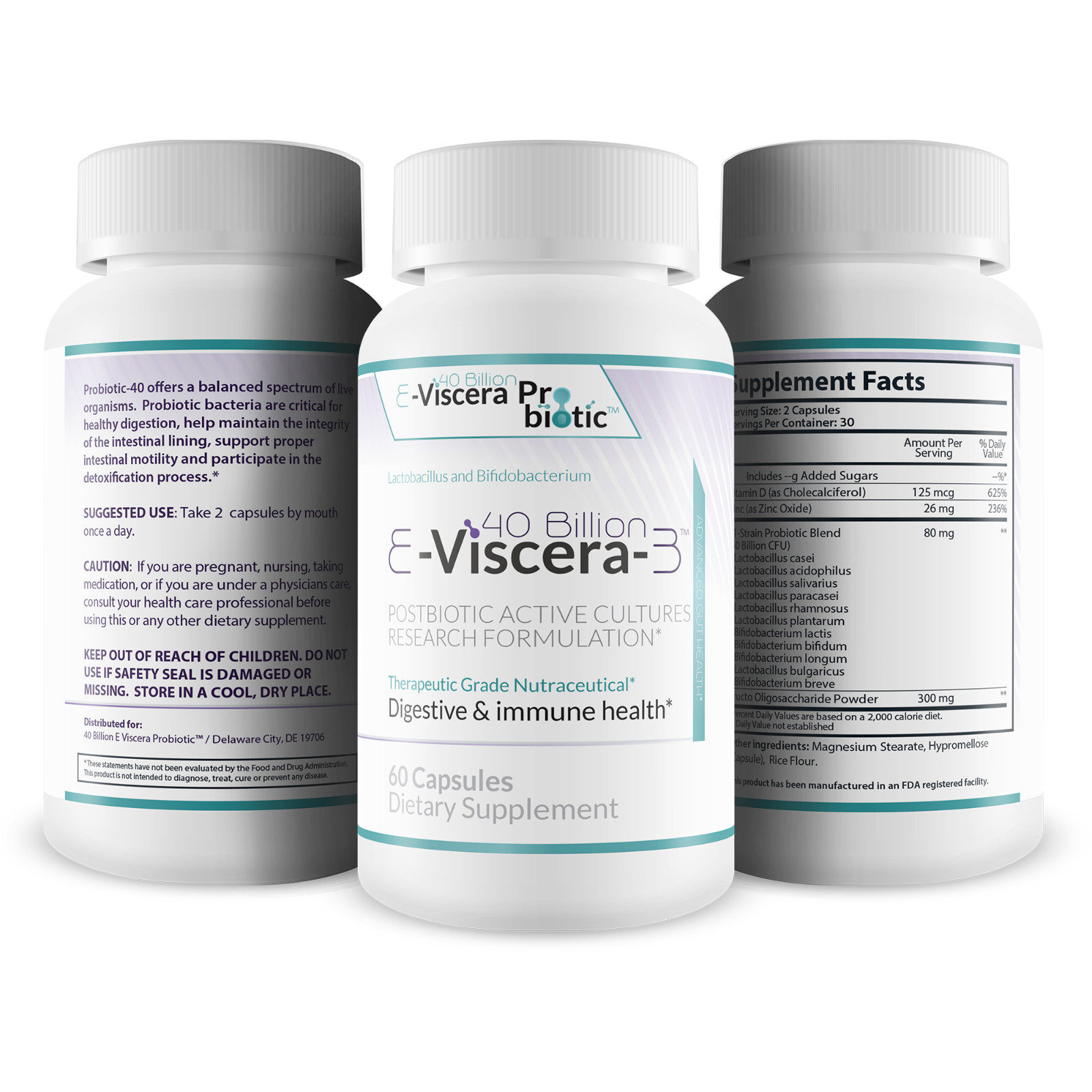 40 Billion E-Viscera-3 Probiotic Supplement – Digestive and Immune Health