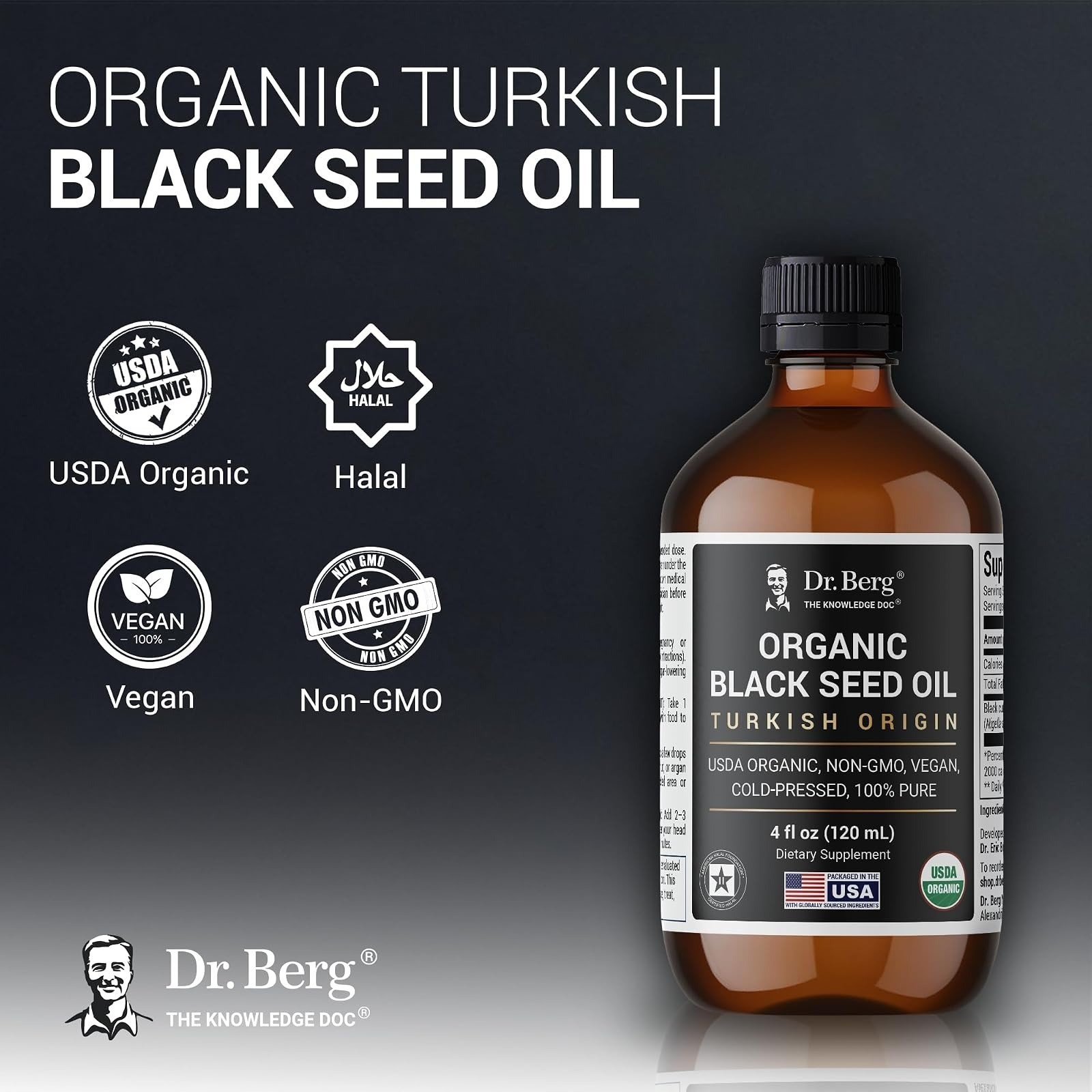 Dr. Berg Black Seed Oil Organic Cold Pressed 4 oz – Immune Support, Vegan