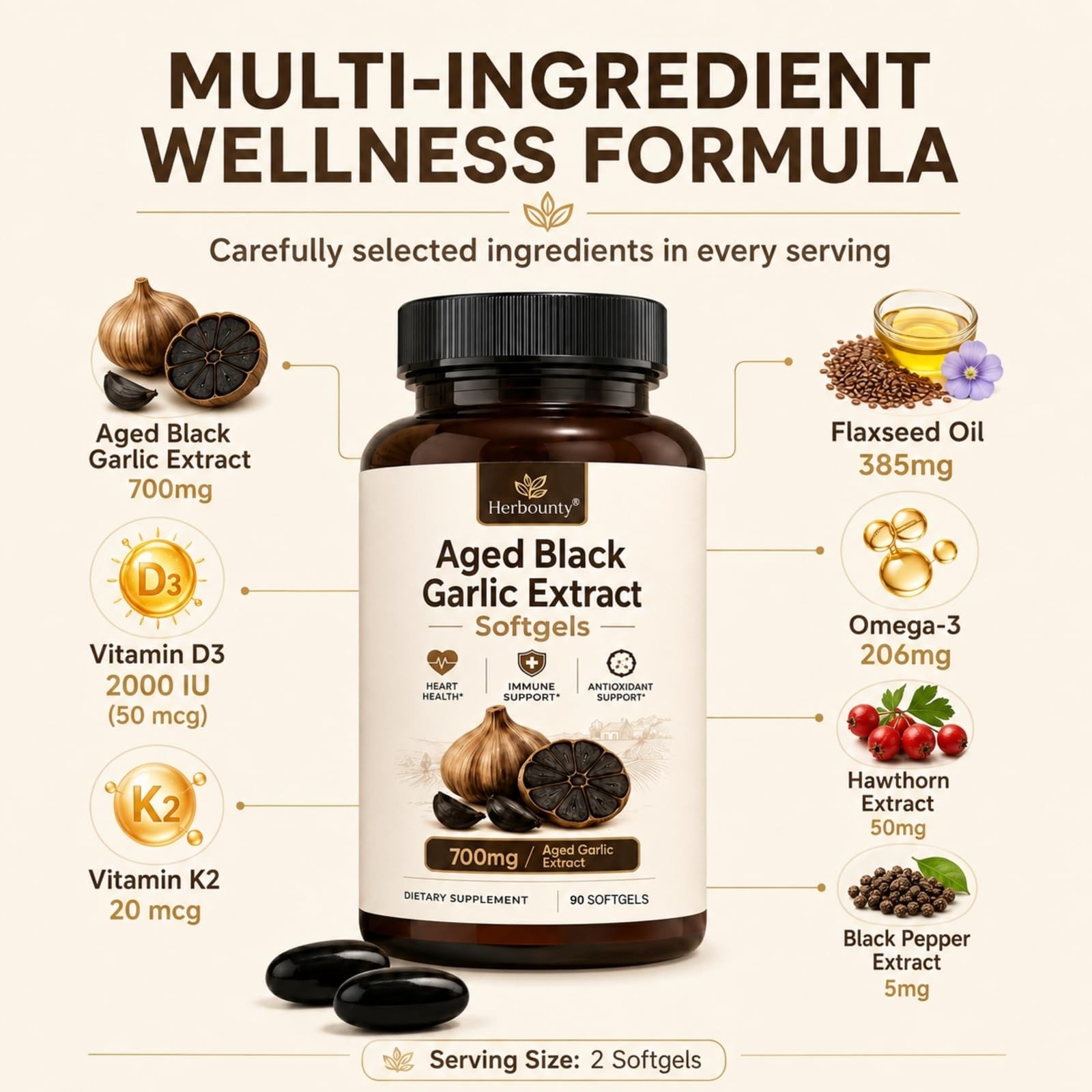 Herbounty Odorless Fermented Black Garlic Extract 700mg 90 Softgels