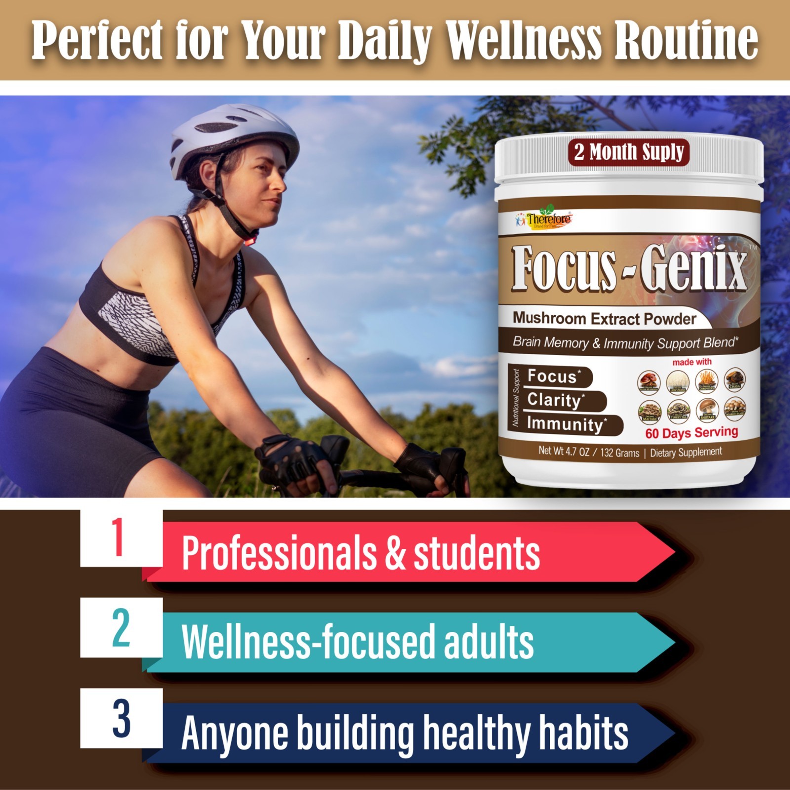 Mushroom Supplement Powder- Focus, Brain Health & Immune Support 60 Servings