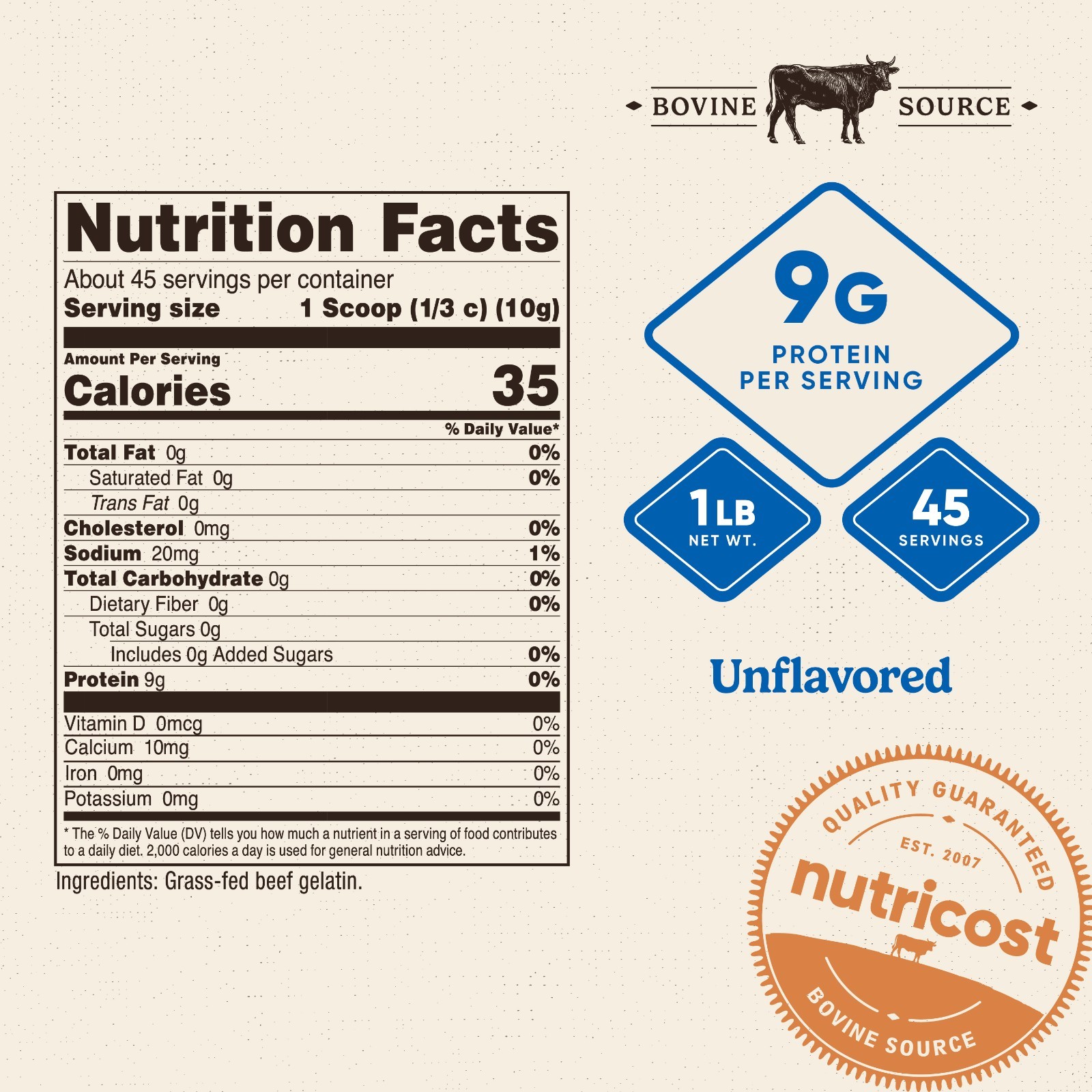 Nutricost Grass-Fed Beef Gelatin Powder (1 LB) Unflavored – 9g of Protein