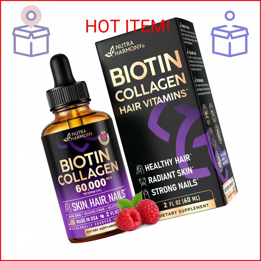 Liquid Biotin & Collagen 60,000 mcg – Vitamins for Hair Growth Support – Extra S