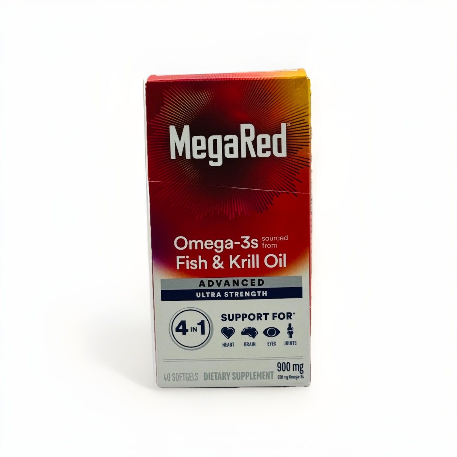 MegaRed Omega-3s Fish & Krill Oil, Ultra Strength 900 mg. 40 SoftGels Box Damage