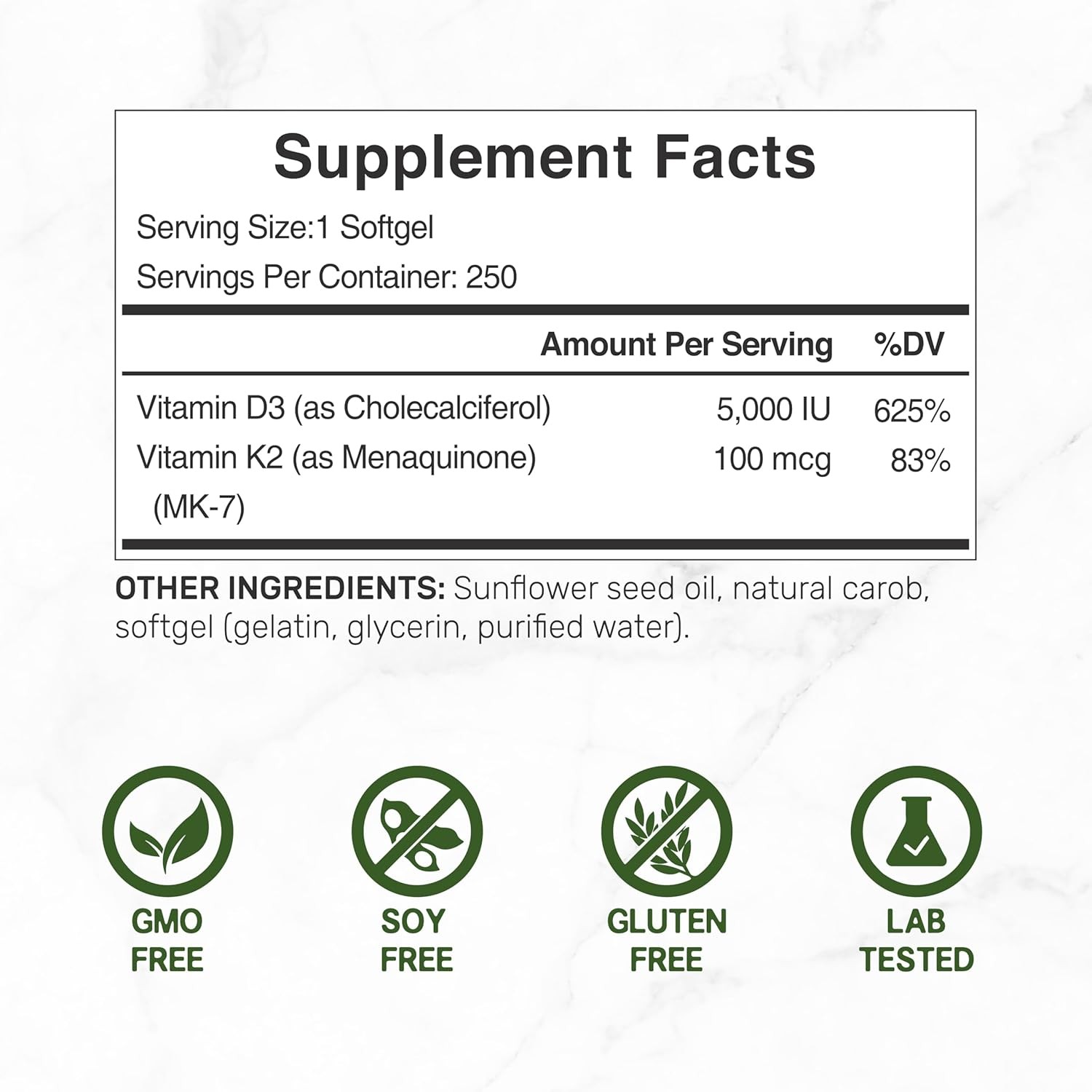 DEAL SUPPLEMENT Vitamin D3 5,000 IU + K2 MK7 Softgels,250 Count | 2-in-1 Complex