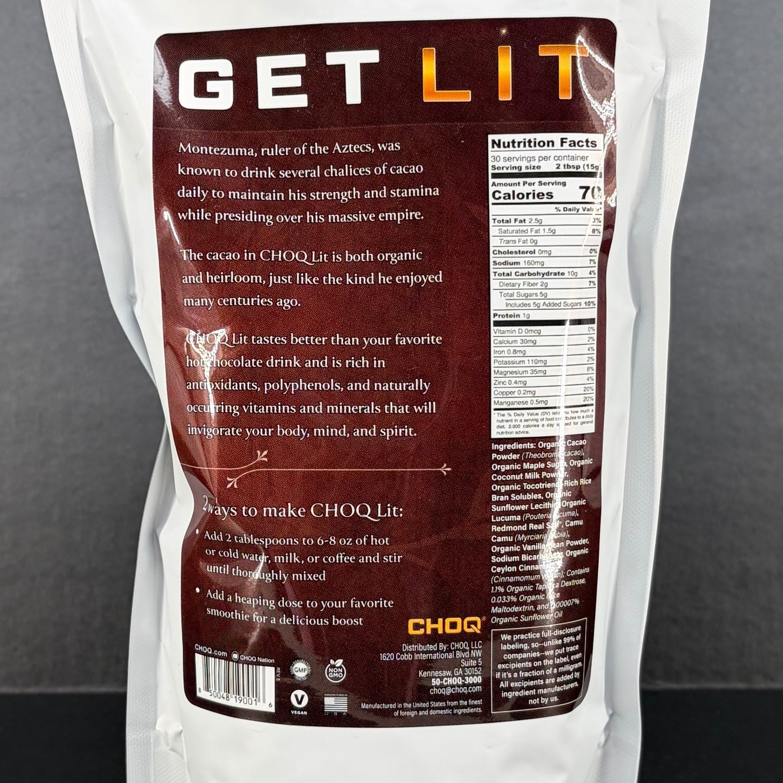 CHOQ LIT Powder Cacao Superfood Blend 16oz Organic Vegan Heirloom Wellness
