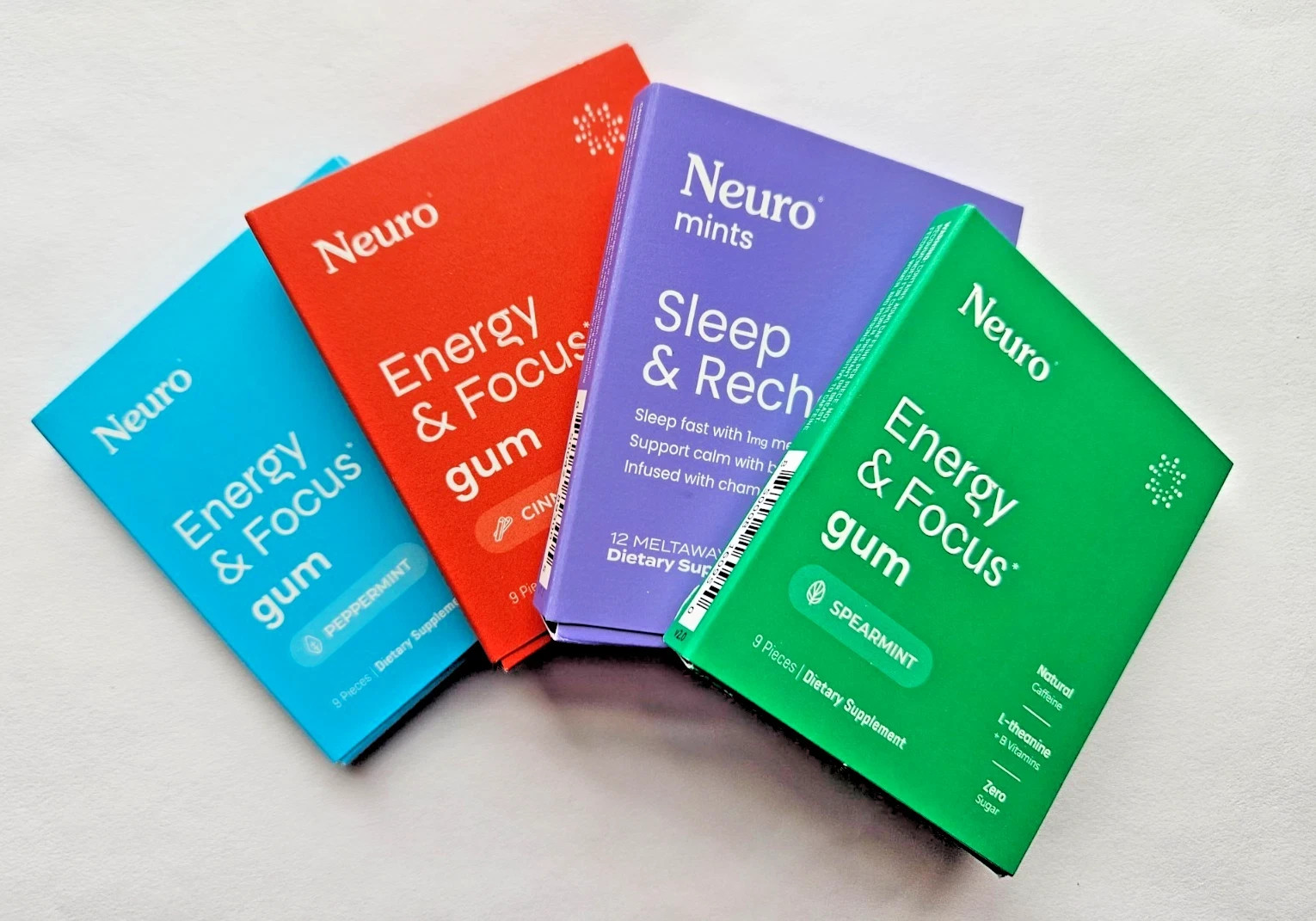 4 PK Neuro Gum Variety Sampler L-theanine B-12, B-6, Caffeine Energy Focus Sleep
