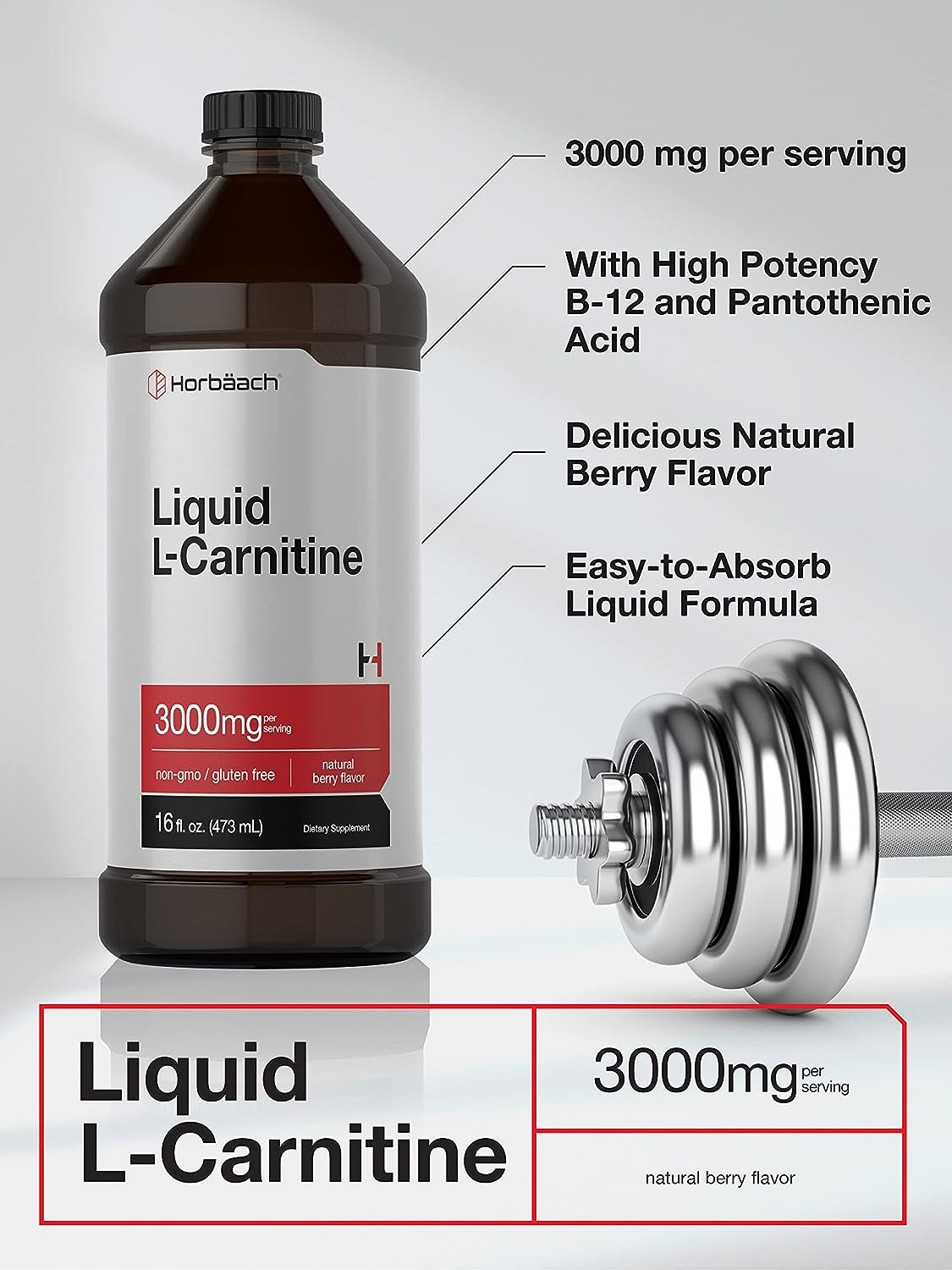 L-Carnitine Liquid 16 oz, 3000mg, Non-GMO Gluten Free Supplement, by Horbaach