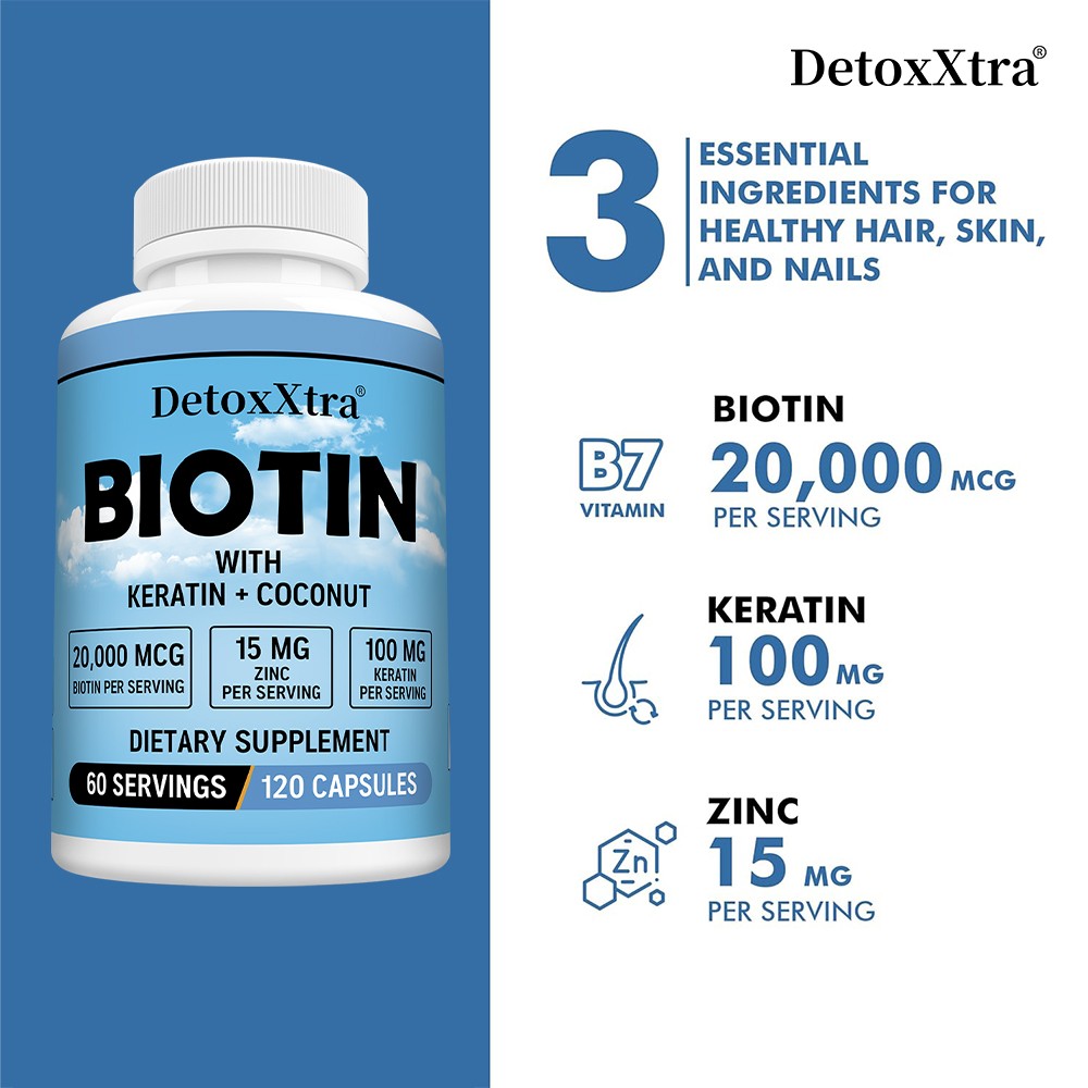 Biotin Supplement 20000mcg Keratin Coconut Zinc Growth Nails Hair Skin 30/60/120