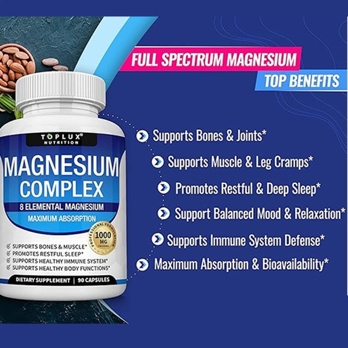 New Toplux Nutrition Magnesium Complex 1000mg Supports 8 Elemental Magnesium