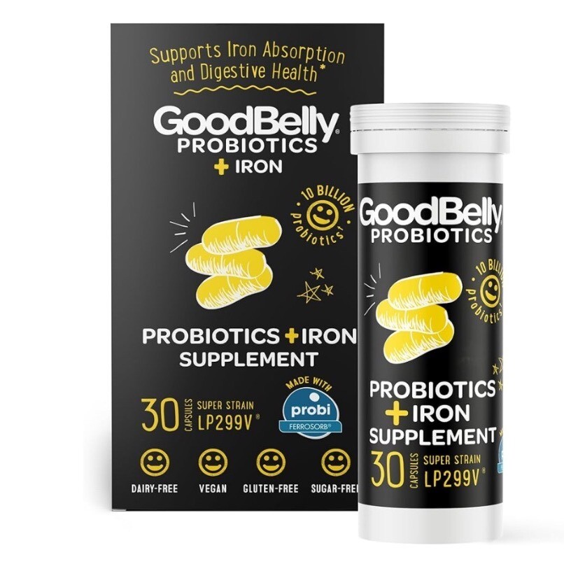 GoodBelly Probiotics + Iron Supplement Vegan Dairy Gluten Sugar Free