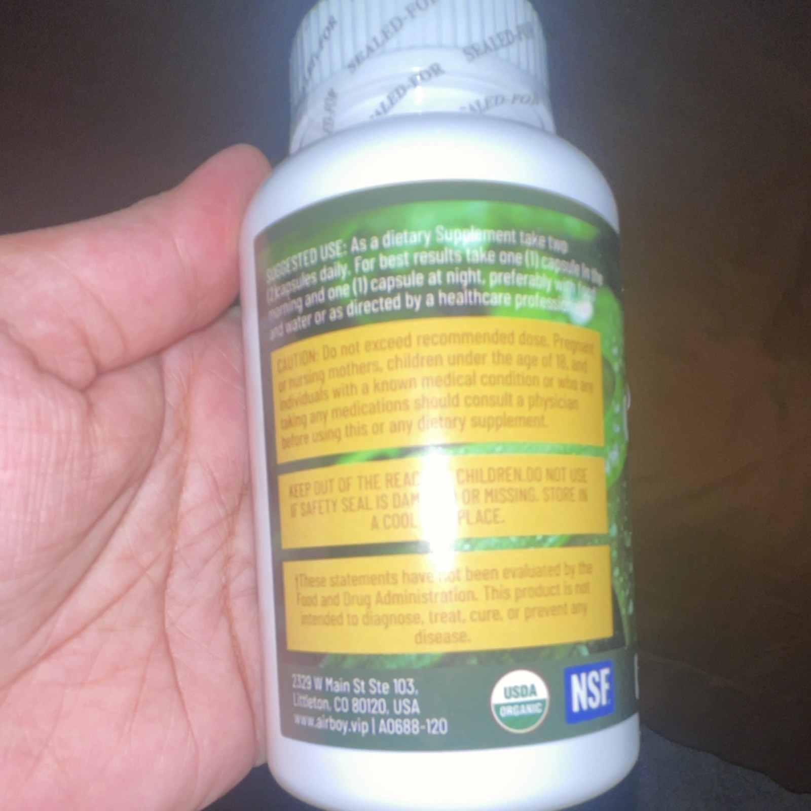 Airboy High Potency Chlorophyll 600mg 120 Capsules USDA Organic NSF Certified