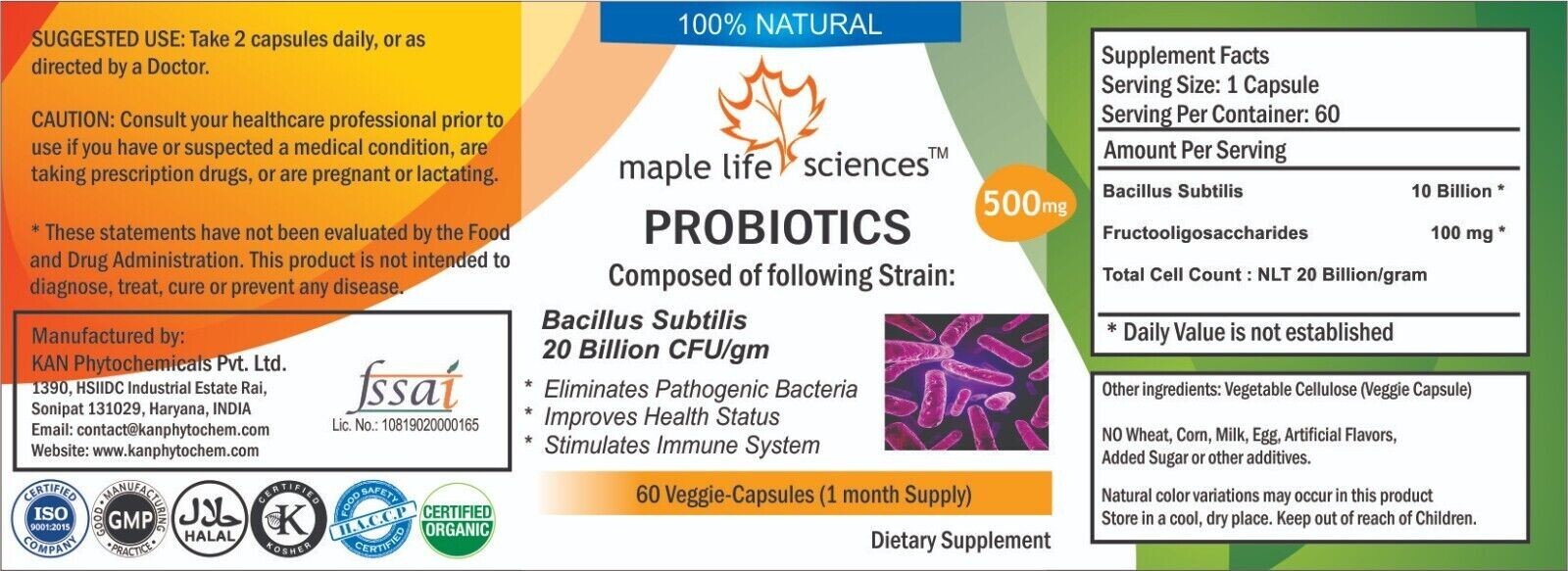 Probiotic Bacillus Subtilis 20 Billion CFU/gm Capsules – 500mg – AU Stock