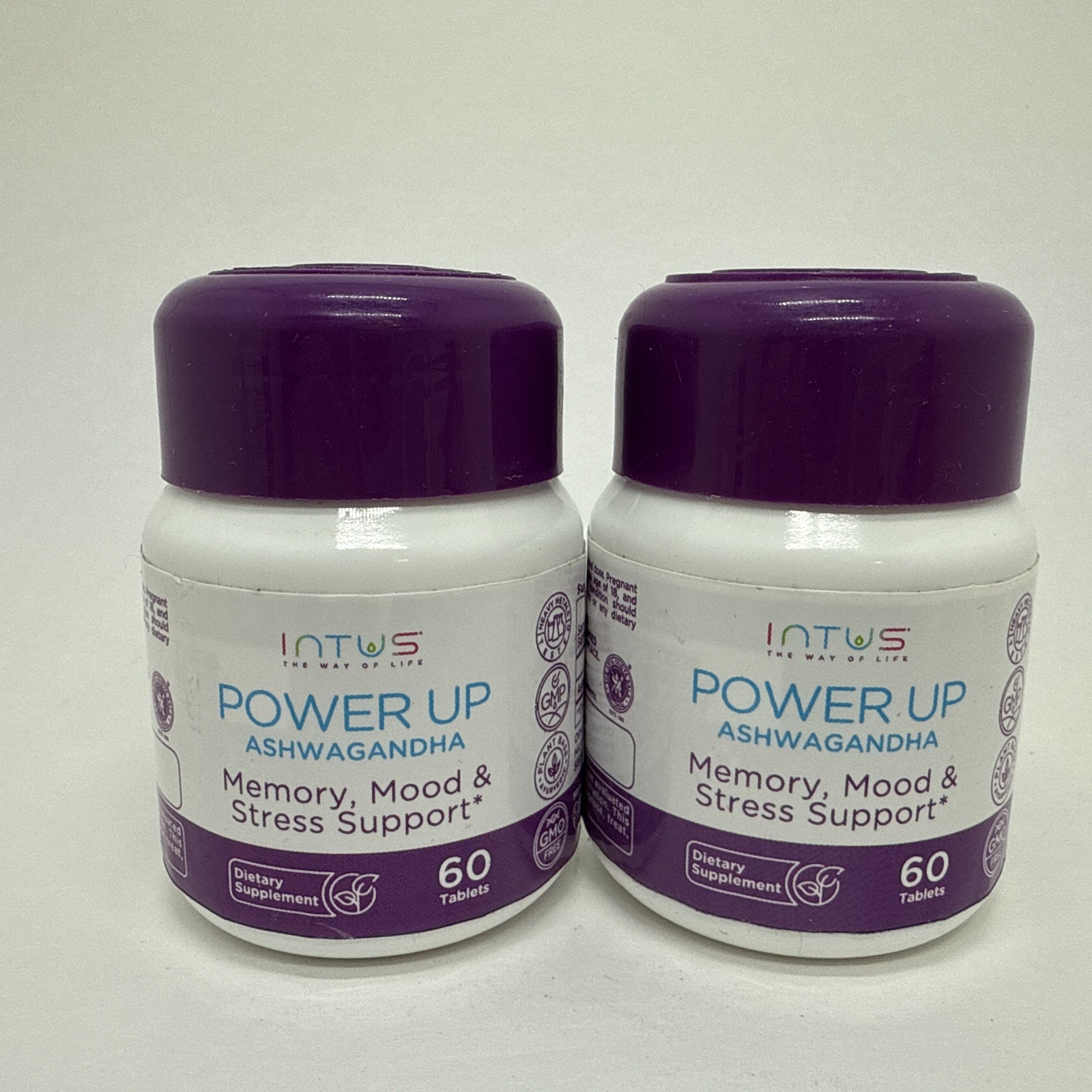 2 pk Intus Power Up Ashwagandha Memory Mood & Stress 60 Tablets EACH BB 1/27