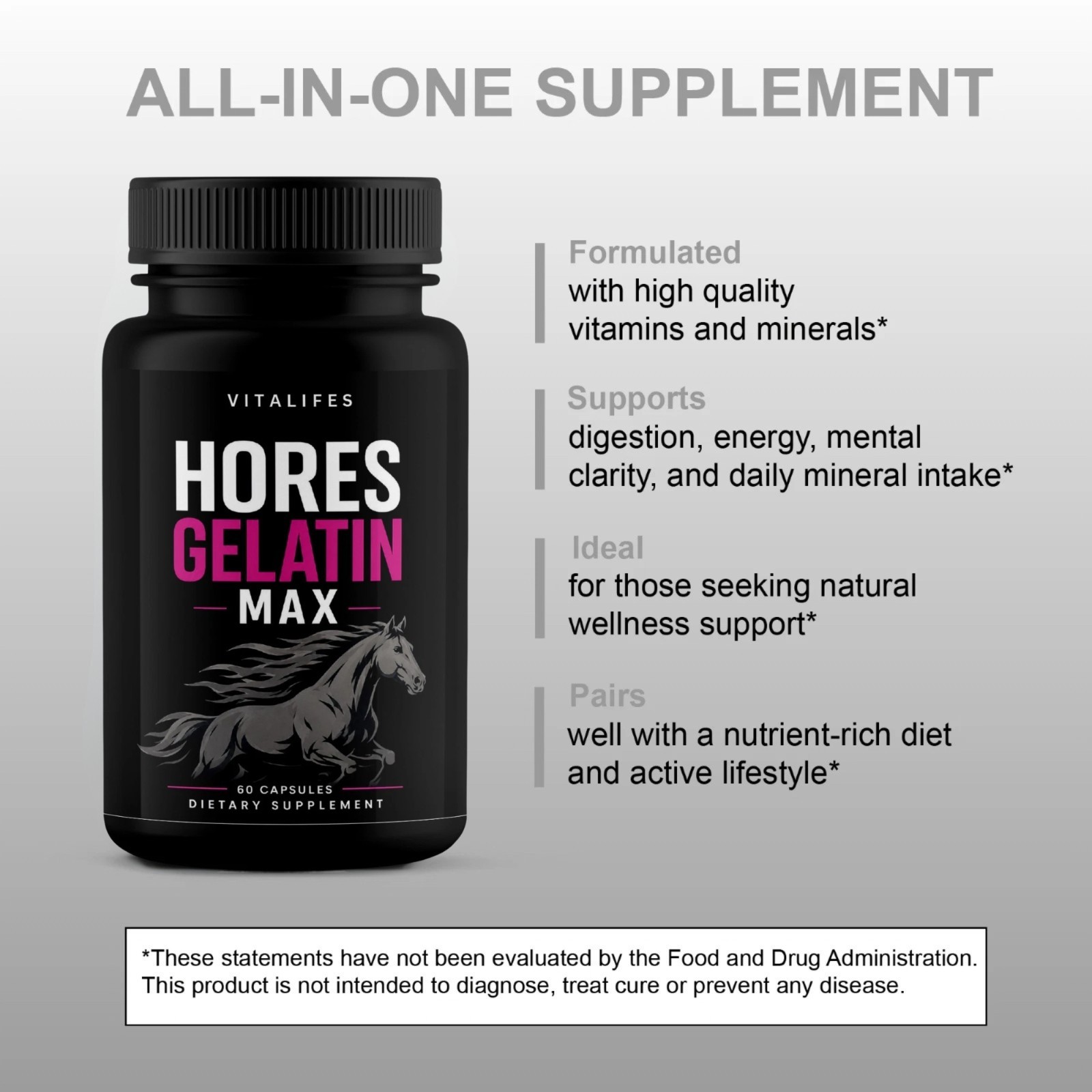 Horse Gelatin Max Performance Capsules, Horse Gelatin Max Pills (60 Capsules)