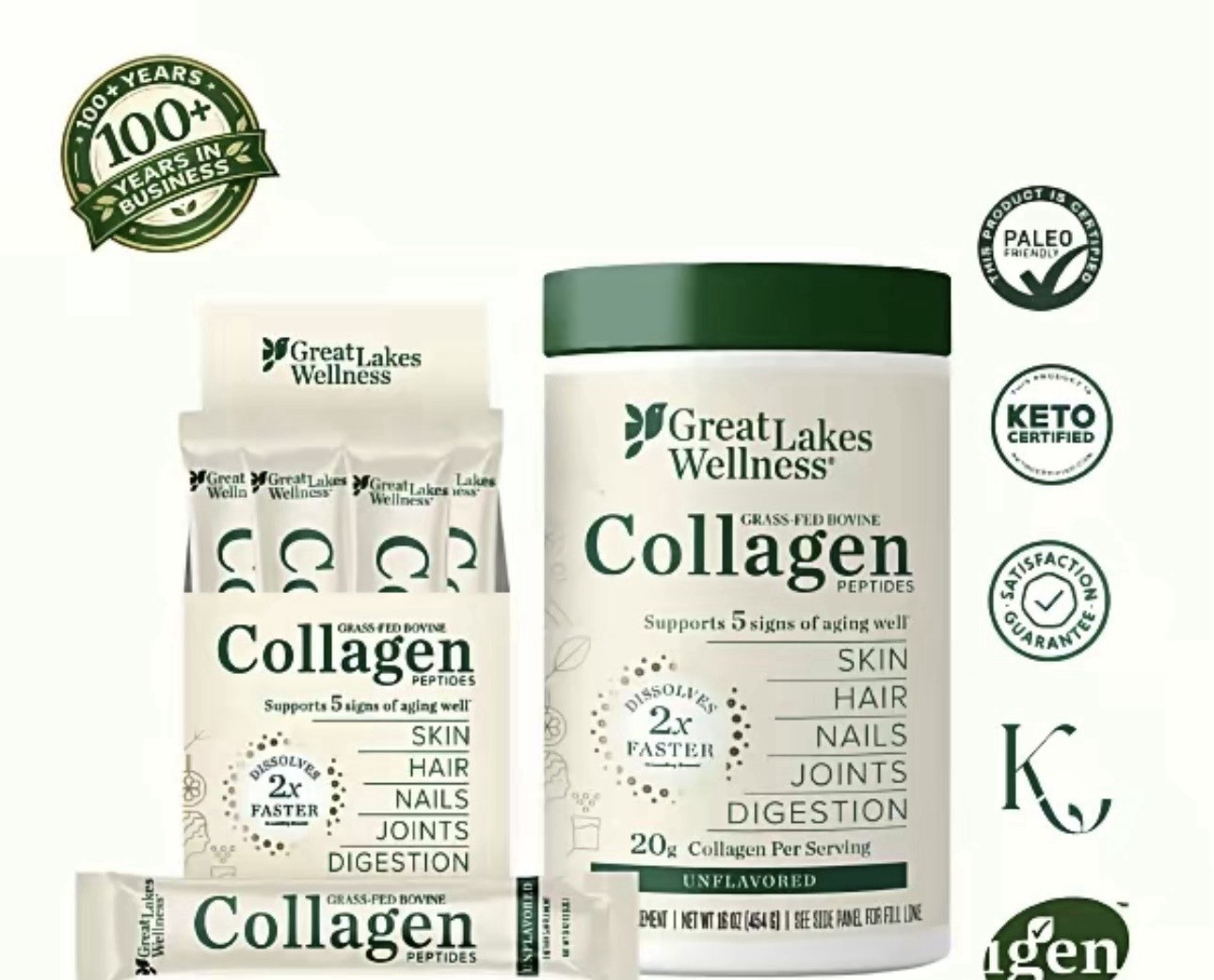 Great Lakes Wellness Collagen Peptides Bovine Unflavored Powder Stick Keto Paleo