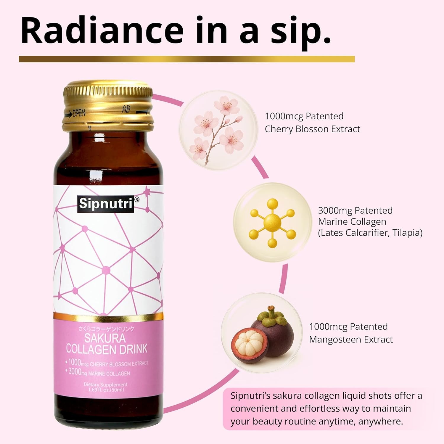 Sakura Collagen Drink with Cherry Blossom Extract, 50 ml x 10 Bottles