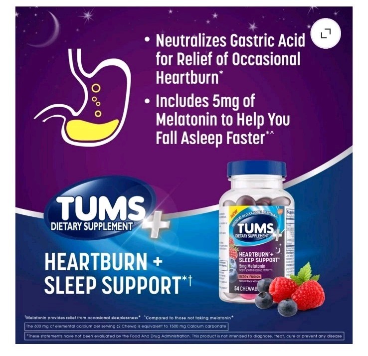 Two Tums+ Chewable Dietary Supplement Tablet Chews With Melatonin 54 ct Bottles