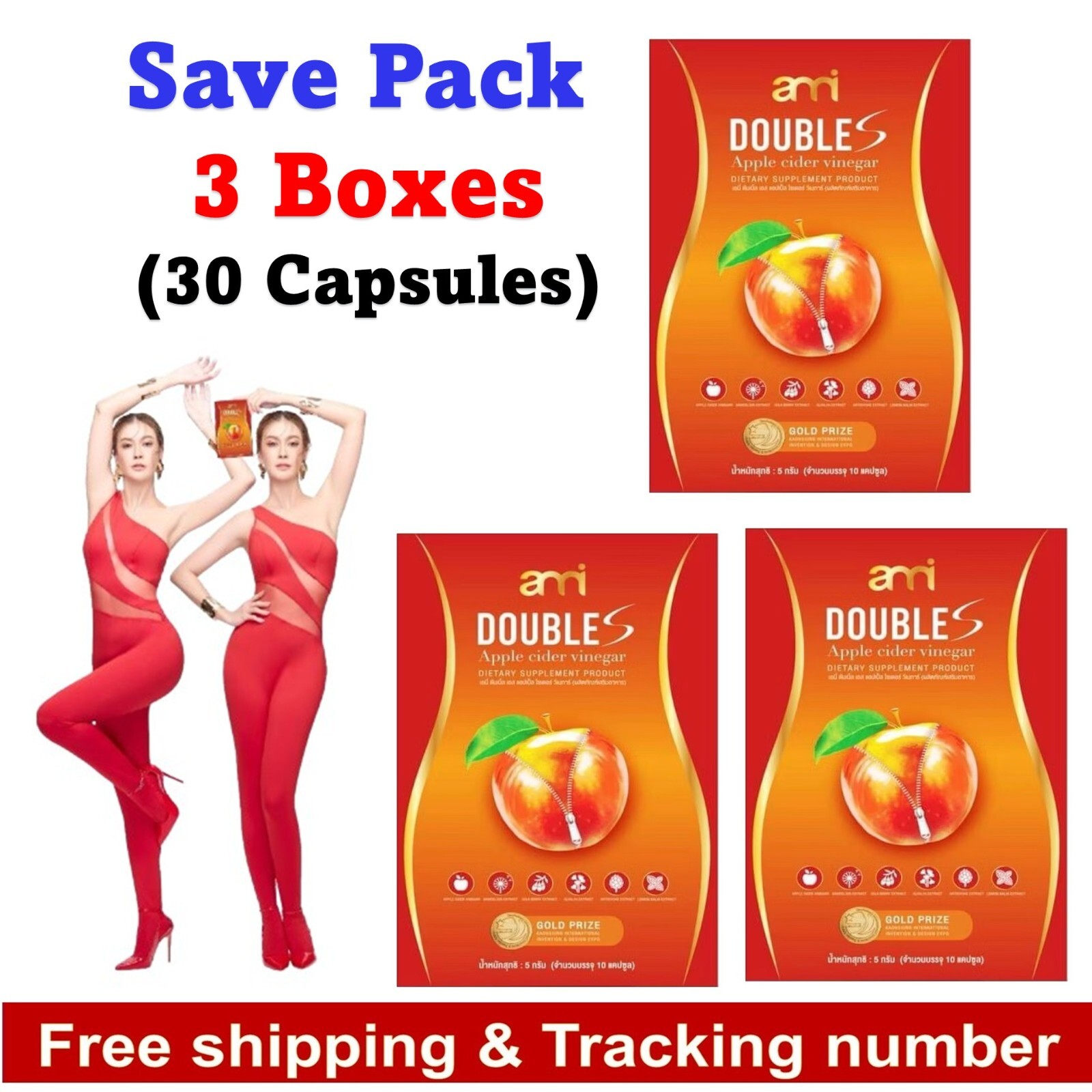 3 X Ami Double S Apple Cider Dietary Supplement Slimming Slim shape 10 Capsules