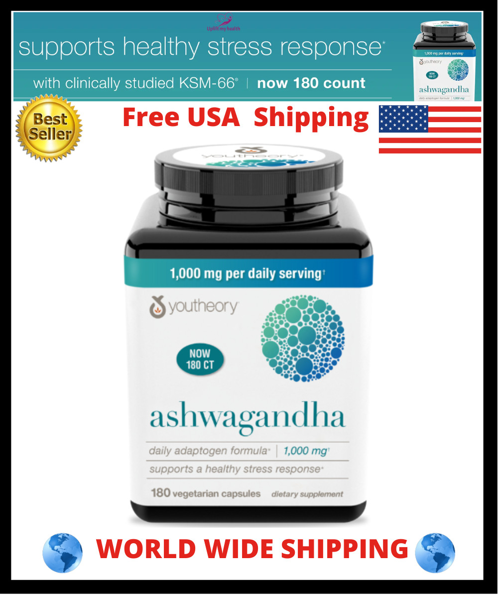 Youtheory Ashwagandha 1,000 mg, 180 Capsules Fast Shipping, World Wide Shipping