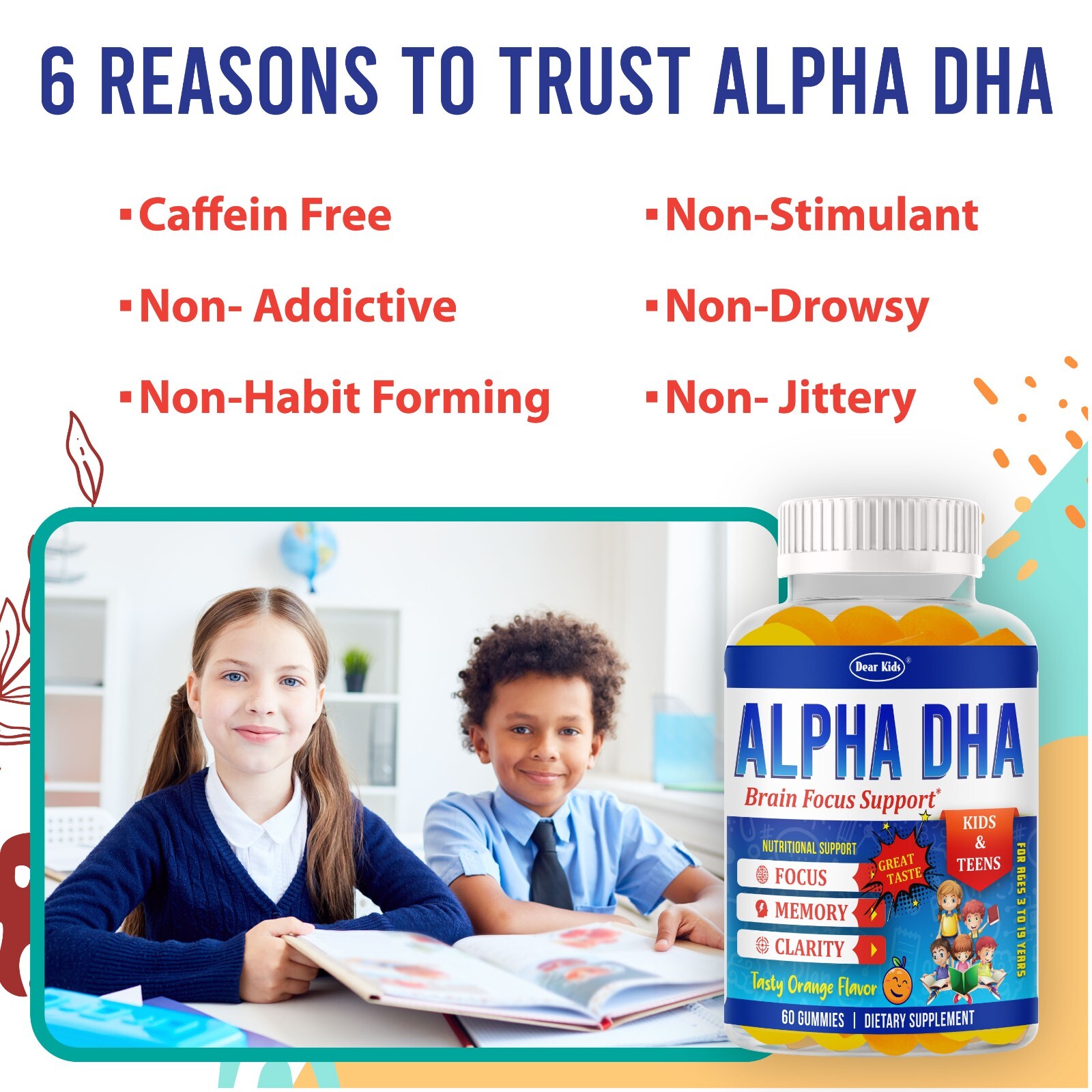 Brain Booster Memory Supplement Focus Gummies for Kids & Teens, Omega 3 & DHA 60