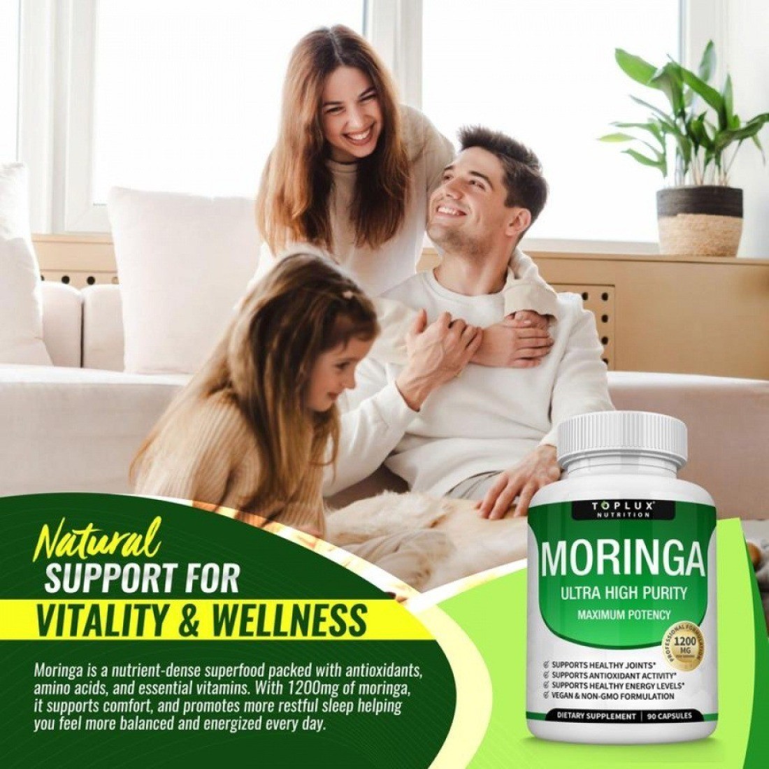 3PCS-TOPLUX Moringa Capsules 1200mg Pure Moringa Powder Immune Gut health 90Caps