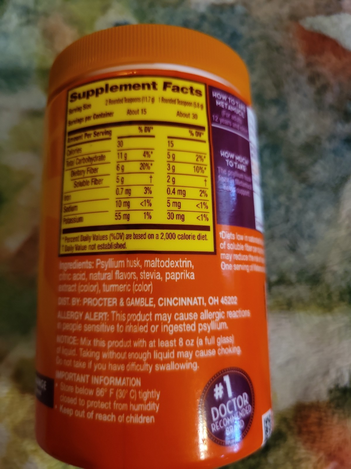 Meta Mucil Psyllium Fiber Supplement Premium Blend Orange 6.2oz jar 10/2026