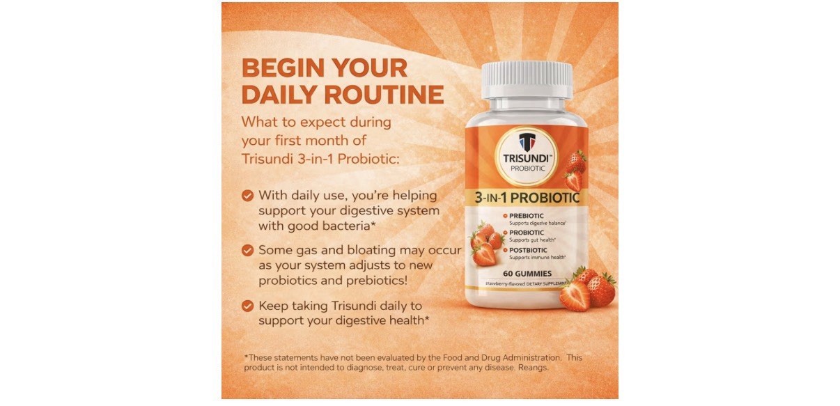 Trisundi 3-in-1 Probiotic Prebiotic Postbiotic Strawberry Digestive 60 Gummies