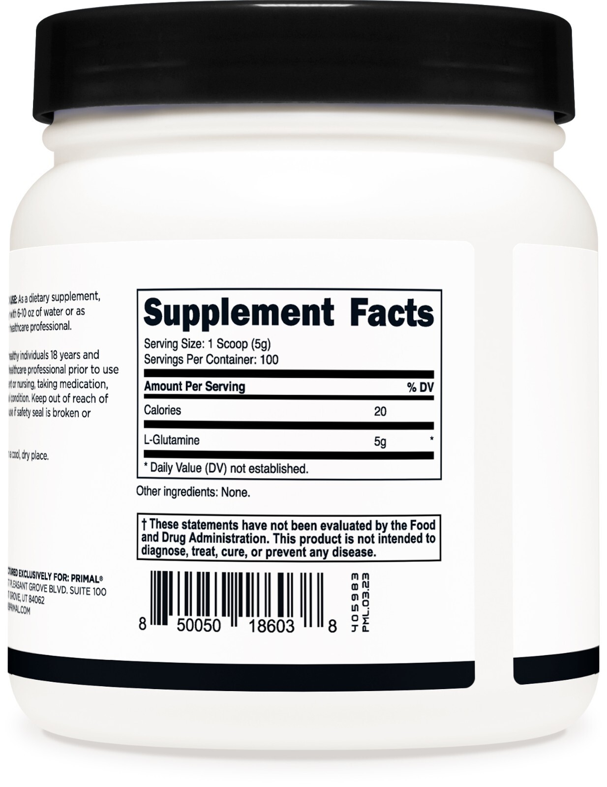 Primal L-Glutamine Powder (500 Grams, 100 Servings) | Pure Unflavored Glutamine
