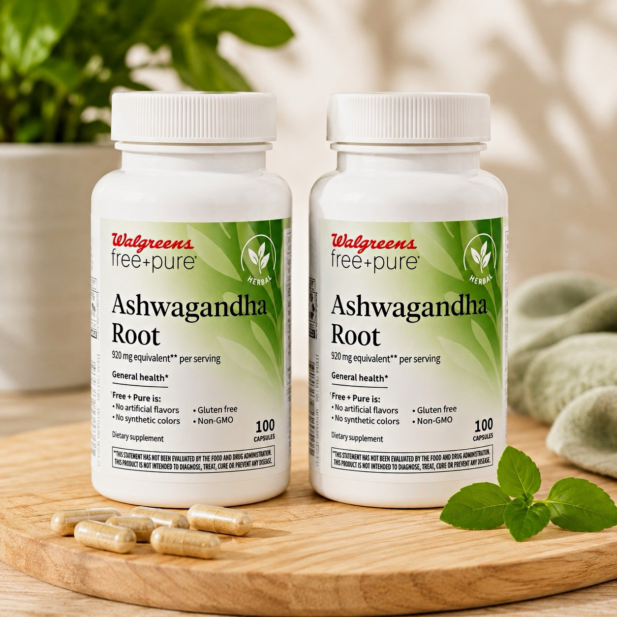 2 Walgreens Free + Pure Ashwagandha Root 100 Ct Exp 05/2028