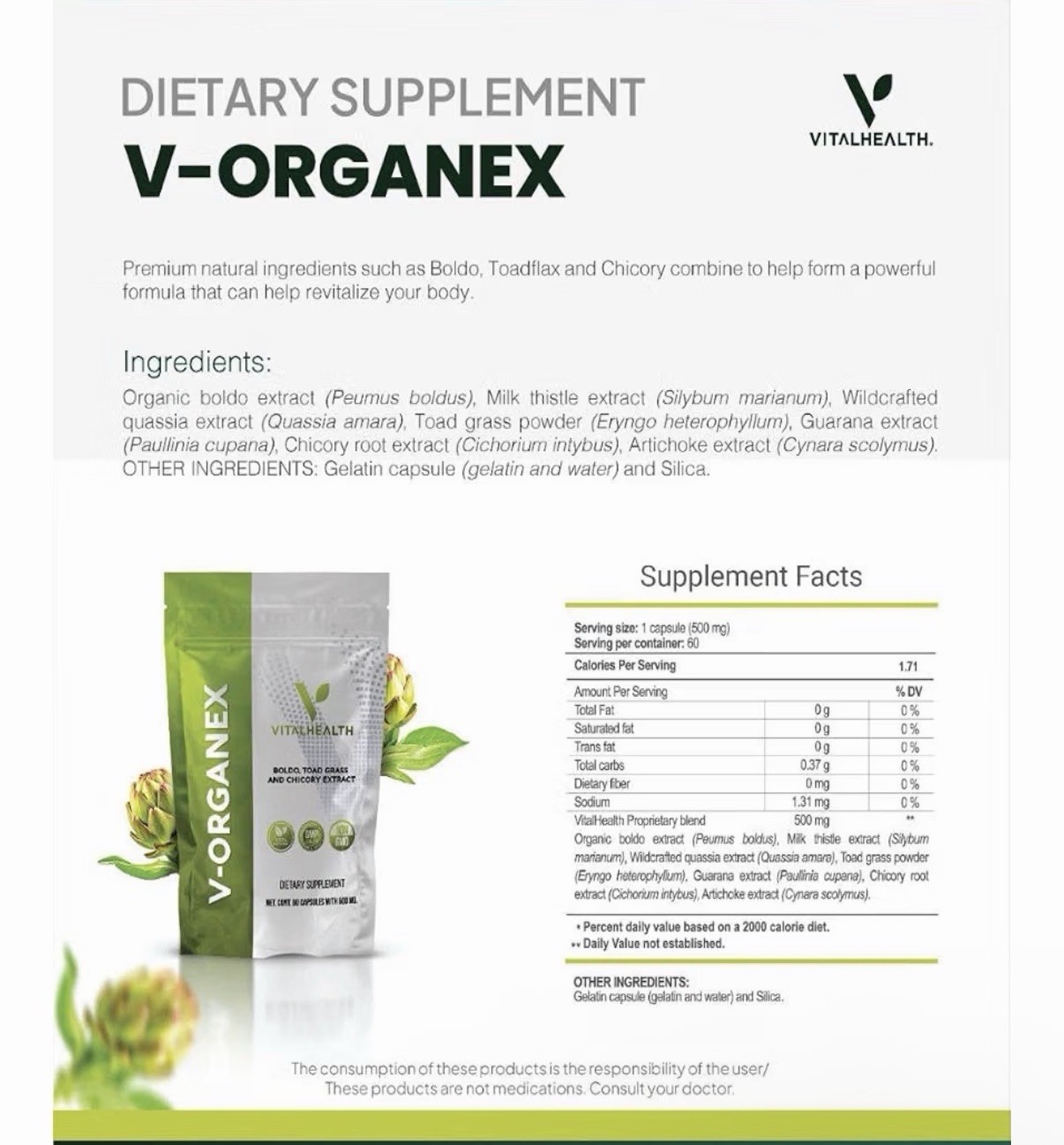 VitalHealth V-Organex Liver Health Non-GMO Dietary Supplement 60 500mg Capsules