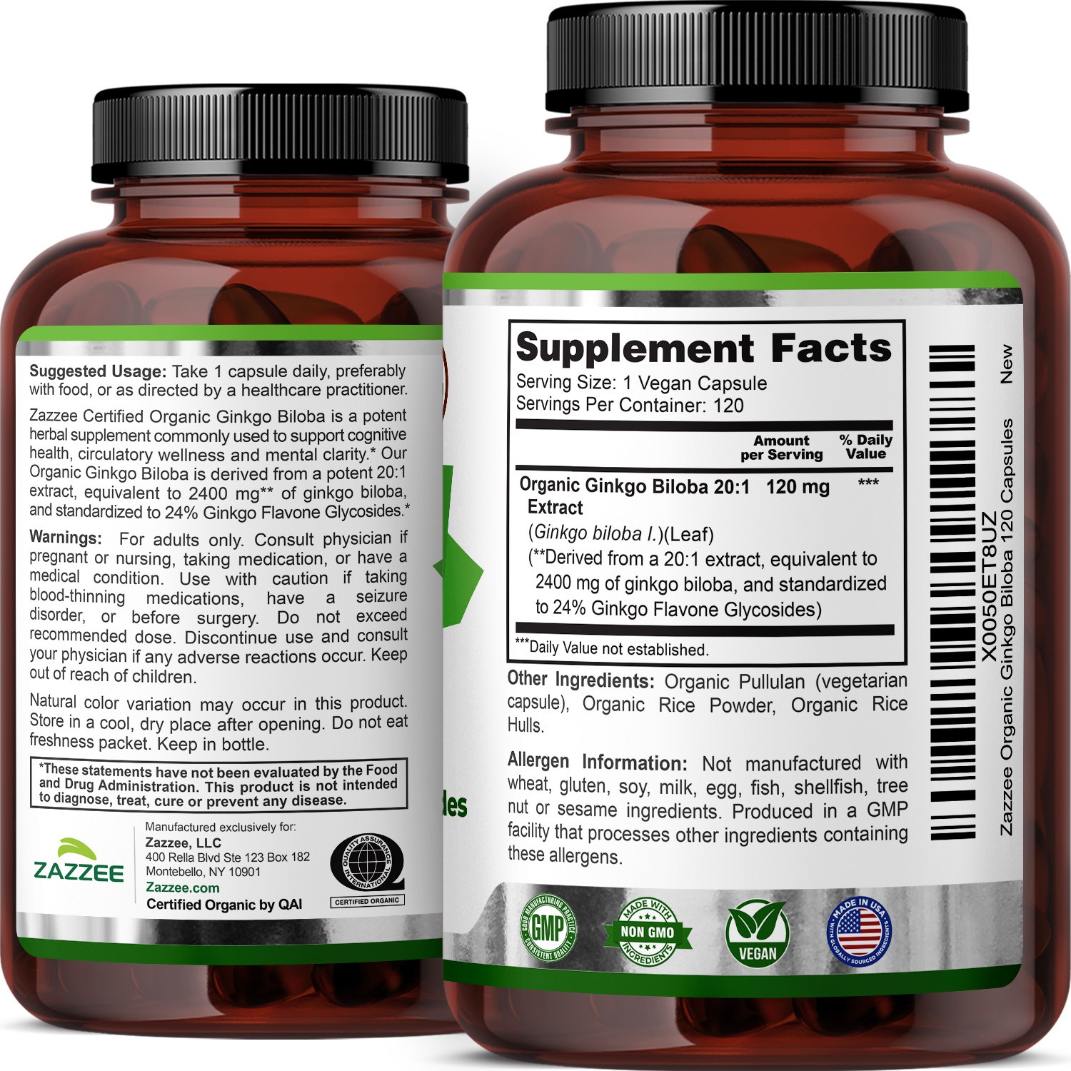 Zazzee USDA Organic Ginkgo Biloba Capsules