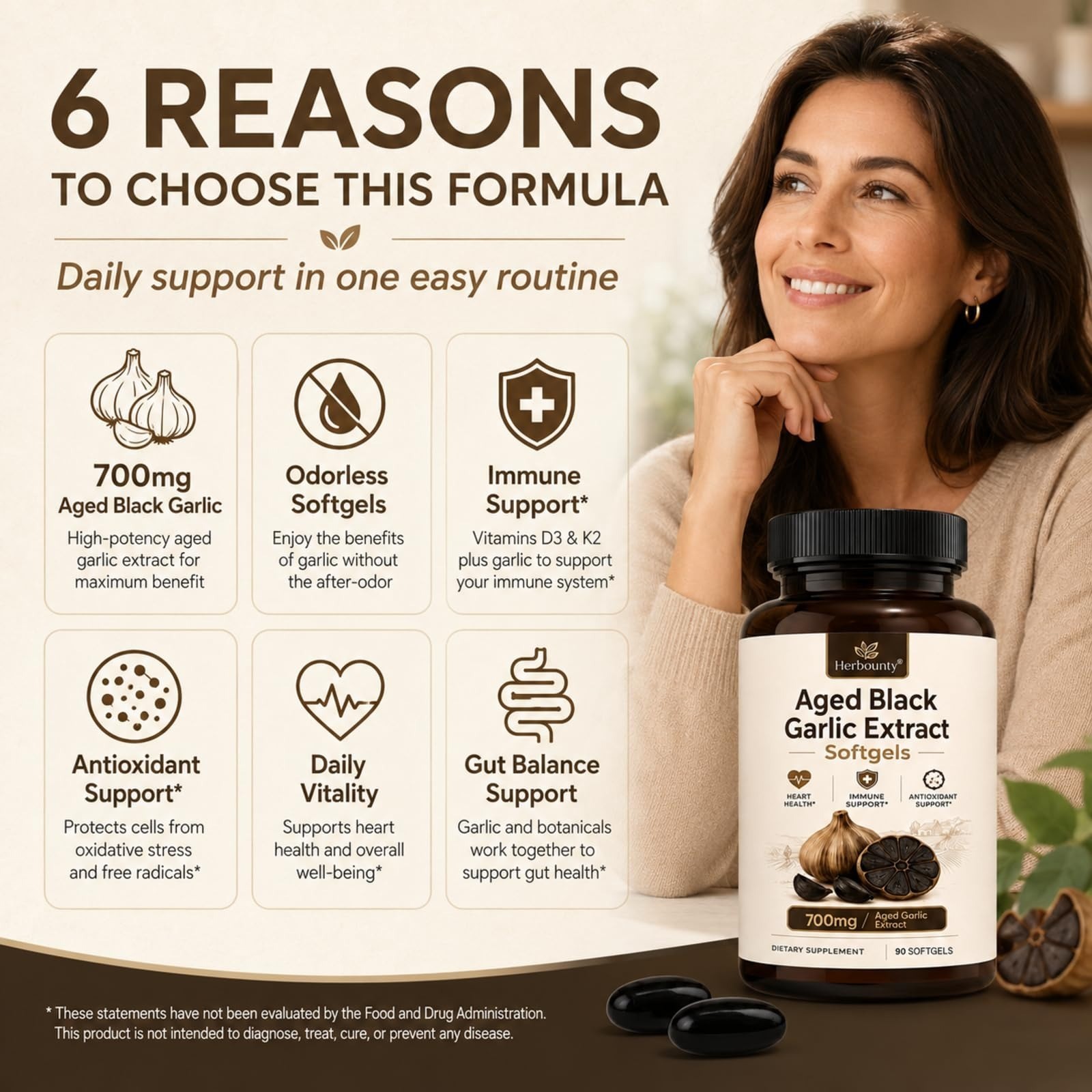 Herbounty Odorless Fermented Black Garlic Extract 700mg 90 Softgels