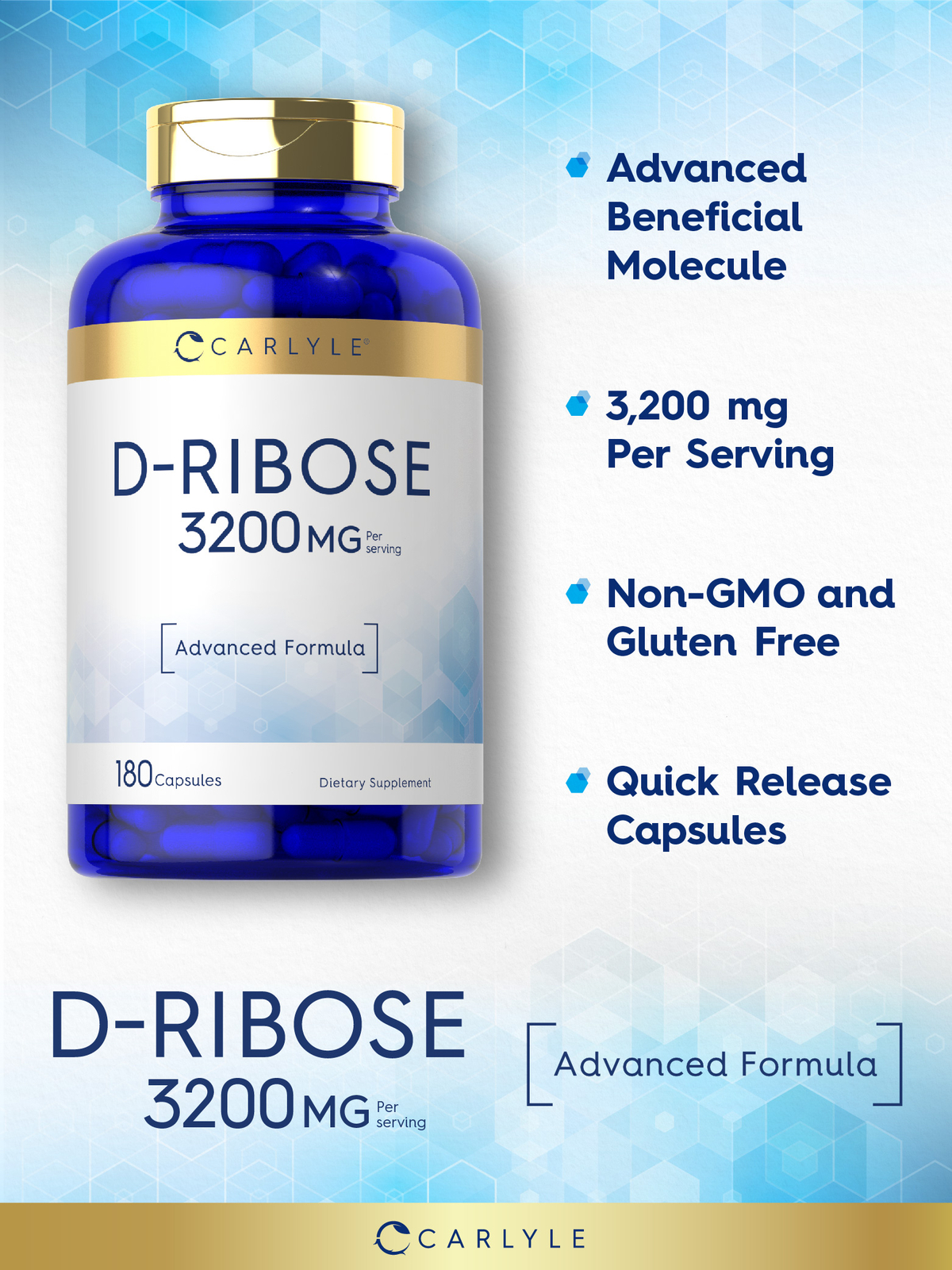 D-Ribose Capsules 3200mg | 180 Count | Vegetarian, Non-GMO | by Carlyle
