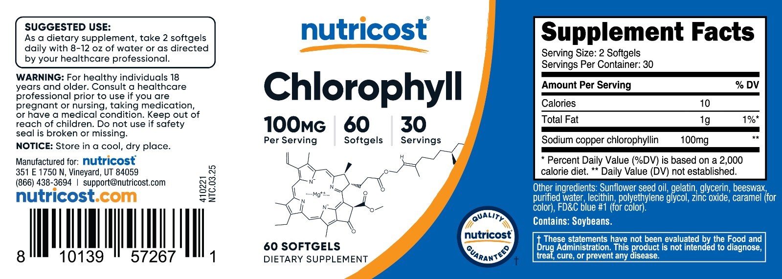 Nutricost Chlorophyll (100mg) 60 Softgels – 30 Servings
