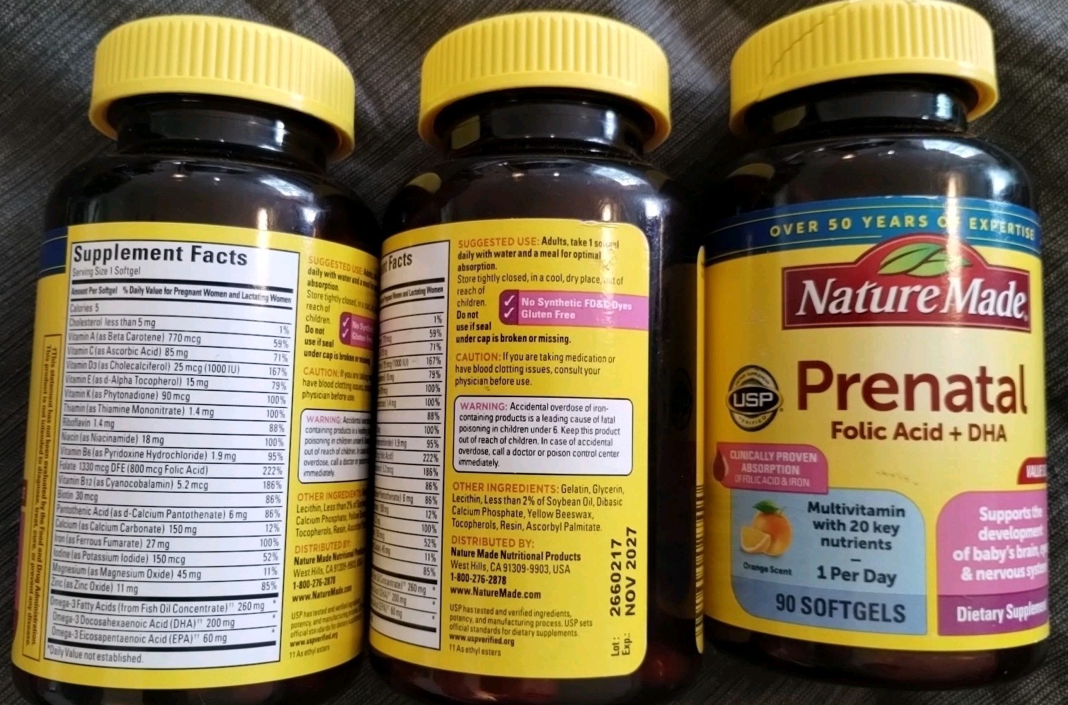 (3) Nature Made Prenatal Multivitamin + DHA+ Folic Acid 90 Softgels Each -11/27
