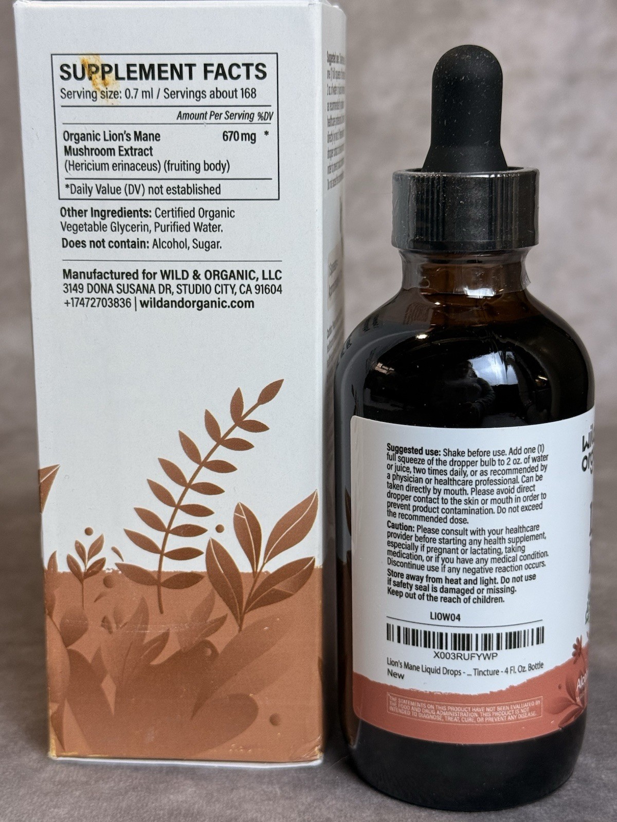 Wild & Organic Lion’s Mane Liquid Drops Alcohol Free Vegan 670mg 4 fl oz