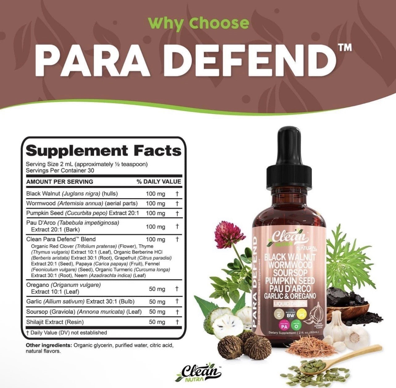 Clean Nutra Para Defend Herbal Supplement Black Walnut Wormwood Liquid Drop 2 oz
