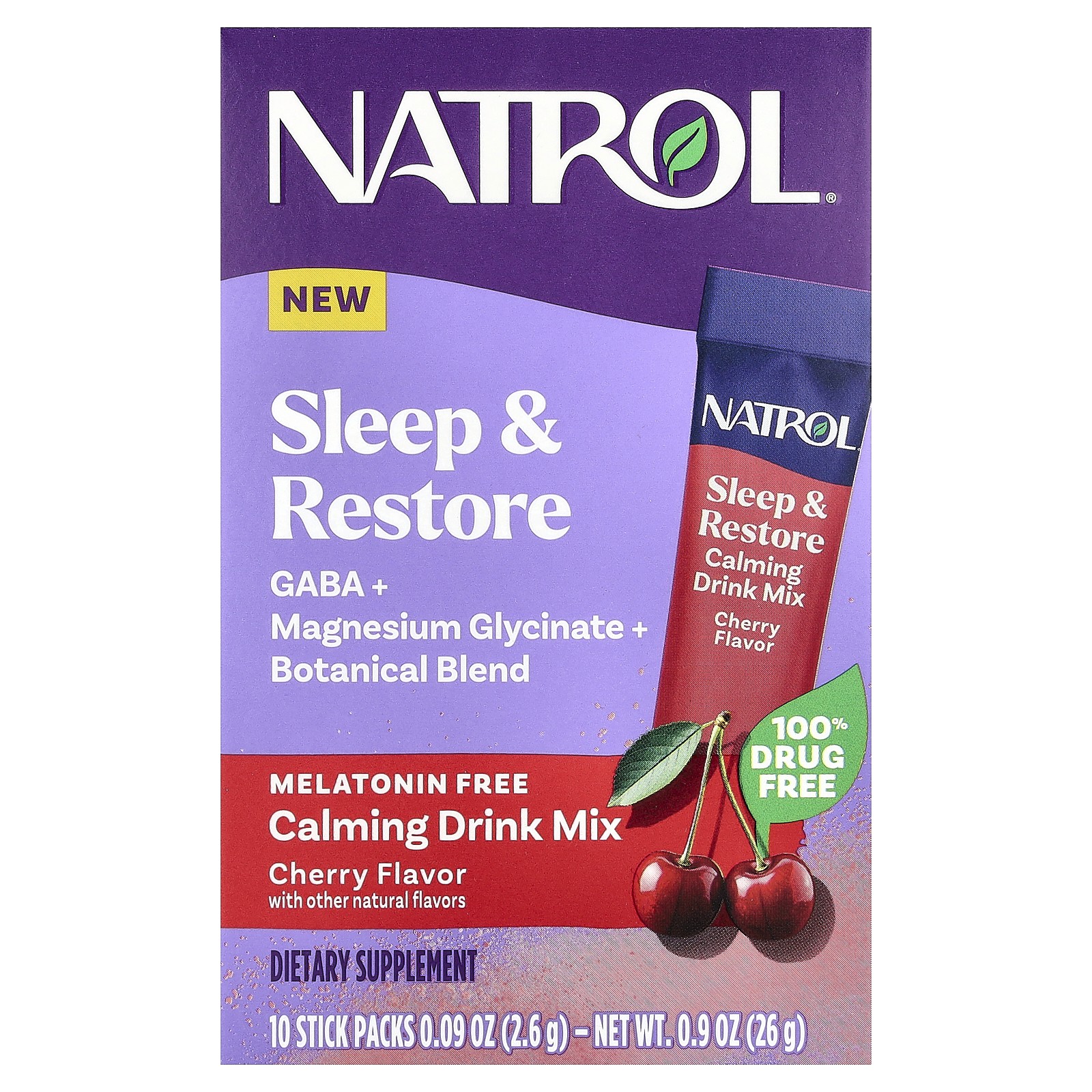 Sleep & Restore, Calming Drink Mix, Melatonin Free, Cherry, 10 Stick Packs, 0.09