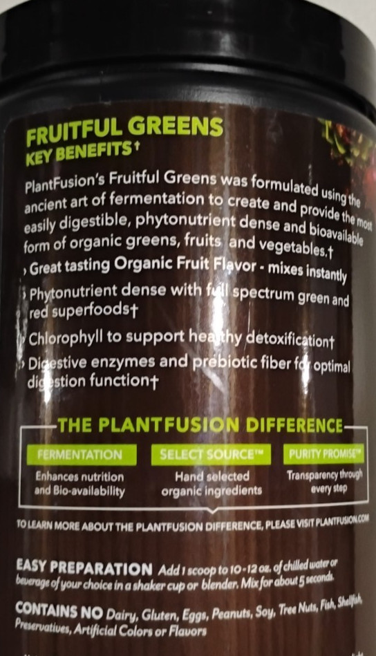 PlantFusion Organic Fruitful Greens Fermented Whole Food Nutrition 8.46 oz. New