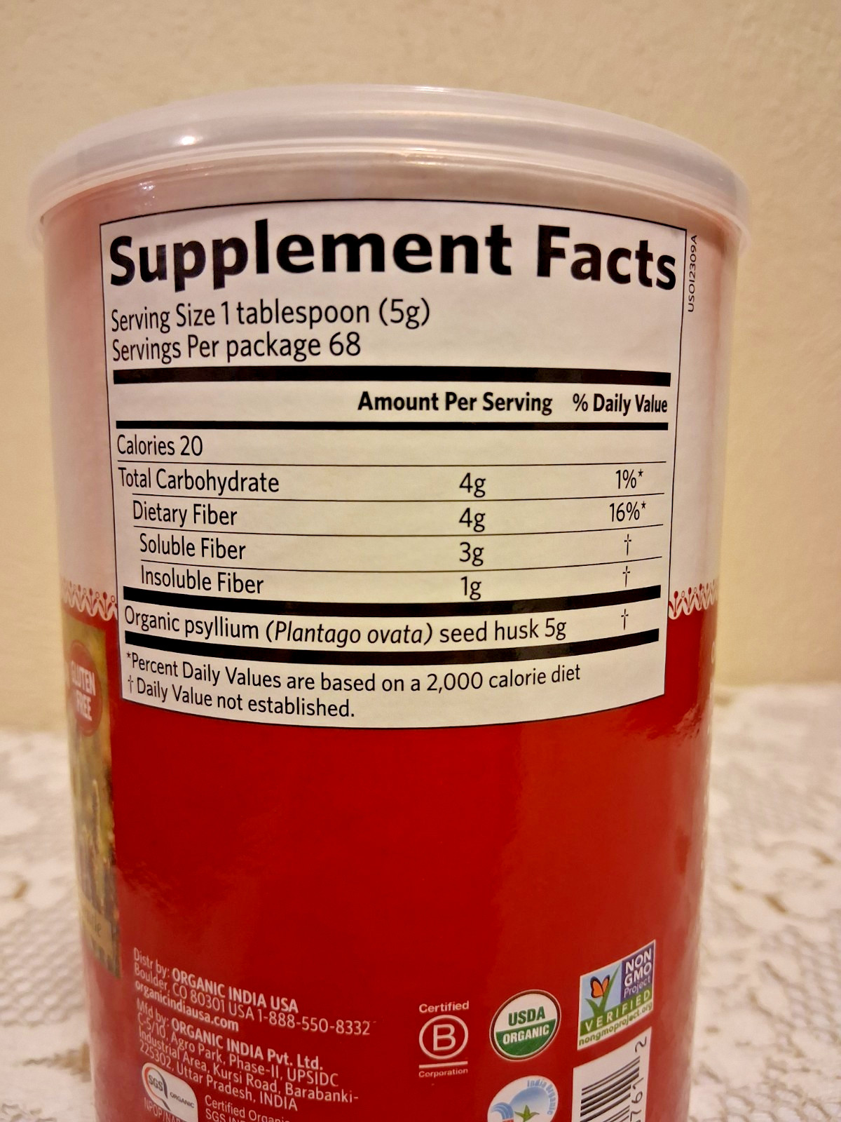 Organic India Psyllium Fiber Whole Husk Fiber Supplement Keto Vegan 12 oz